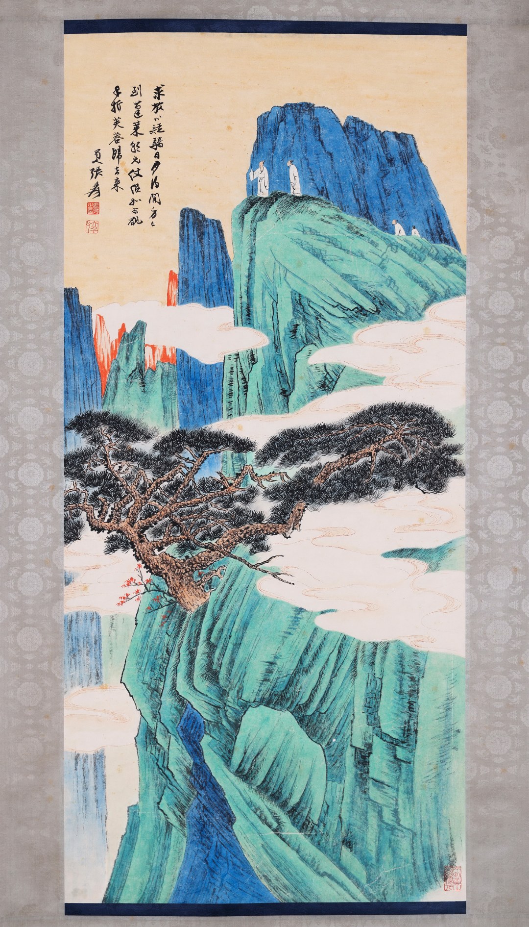 Zhang Daqian Chinese Painting Green Pine and Steep Cliff, Vertical Scroll, Exquisitely Mounted, Painting Core Size 104×48CM