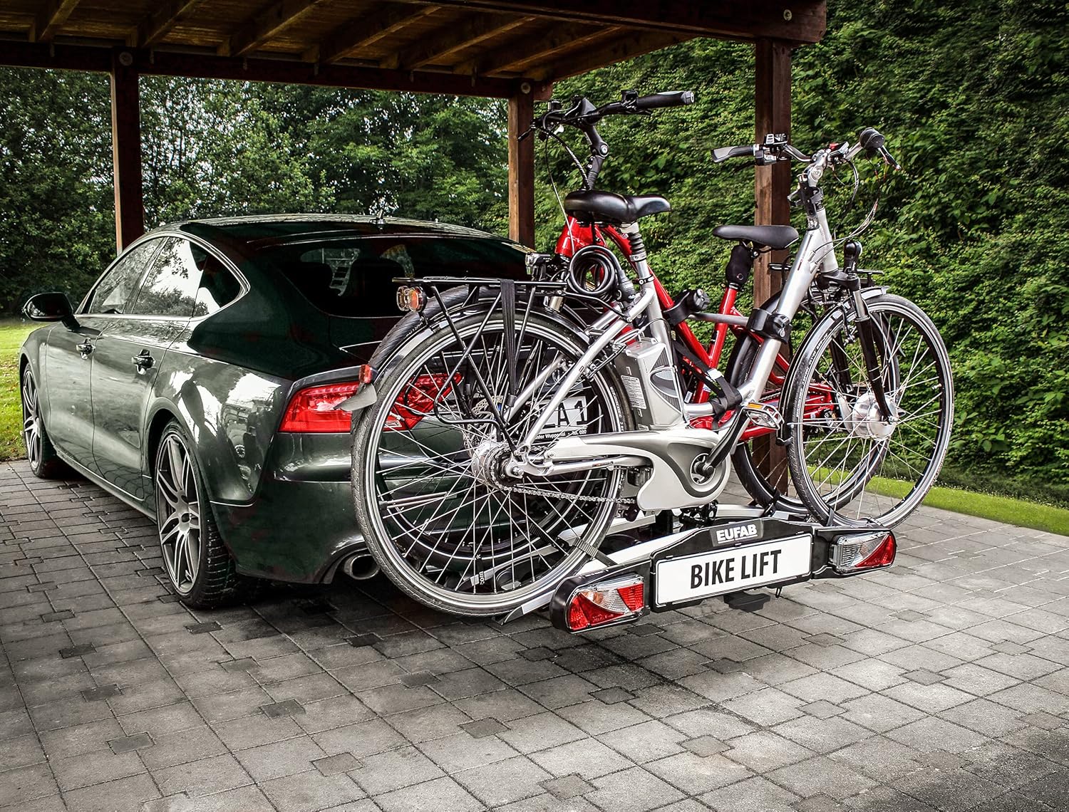 EUFAB 11535 Fahrradträger BIKE LIFT. E-Bike geeignet. komplett vormontiert. elektrische Absenkung. Diebstahlschutz. für 2 Fahrräder. für Anhängerkupplung. 135x74x74cm