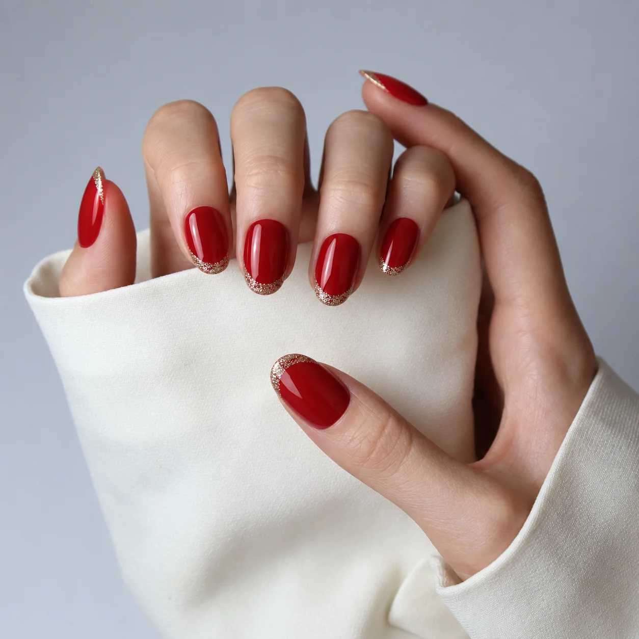 Glossy Red Press On Nails Worn on Hand