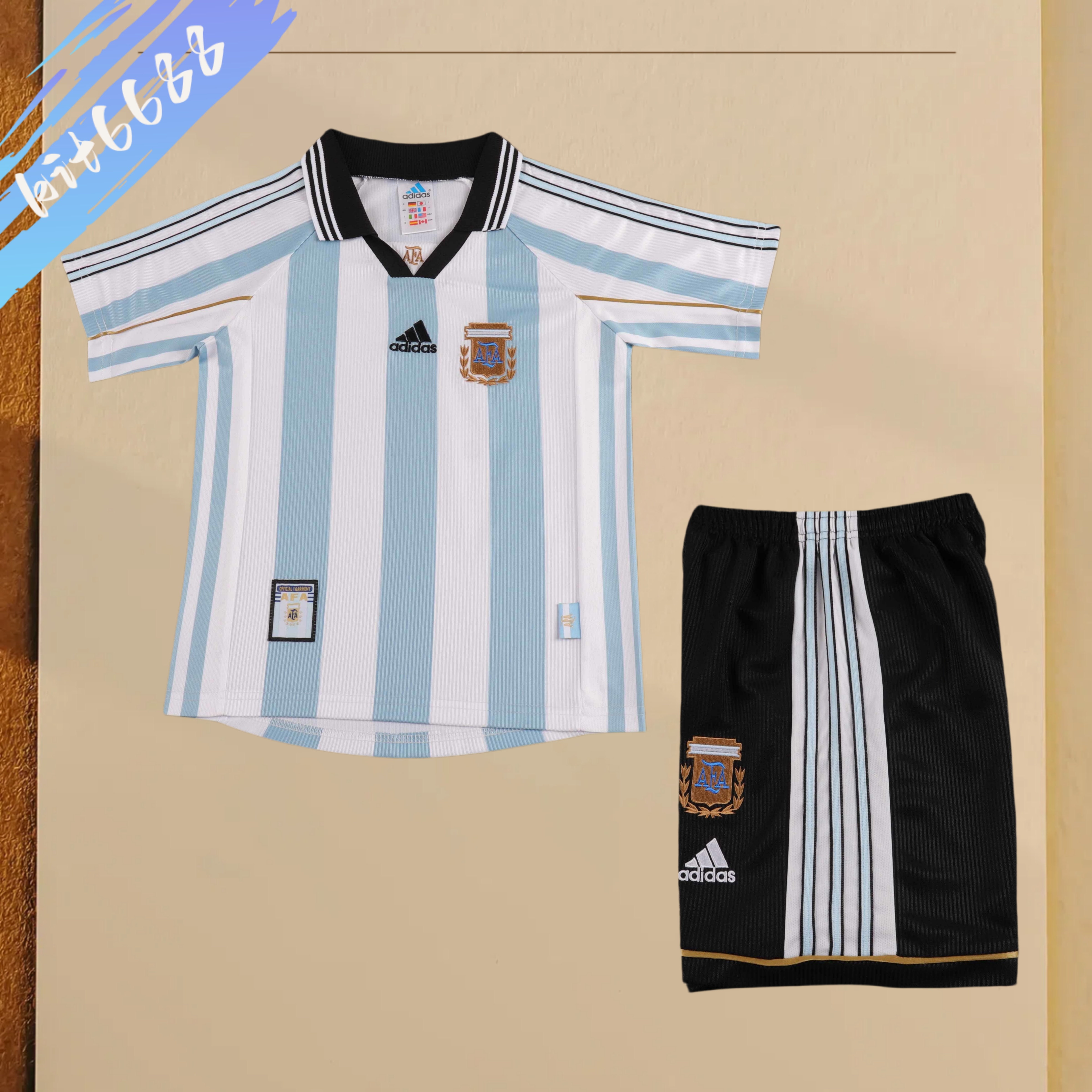 1998 Argentina Home Retro  Football Shirt ( Kids Kit )