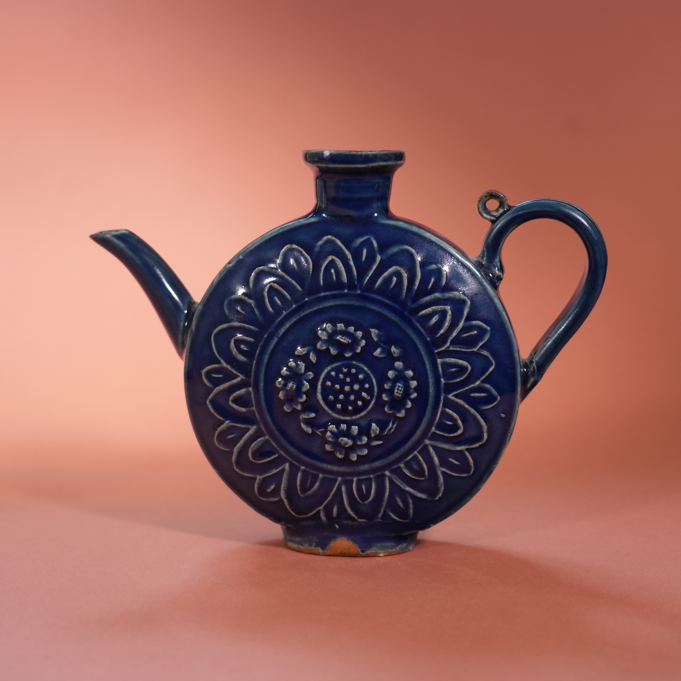 Ancient Chinese Blue-Glazed Flat Flask with Carved Lotus Motifs