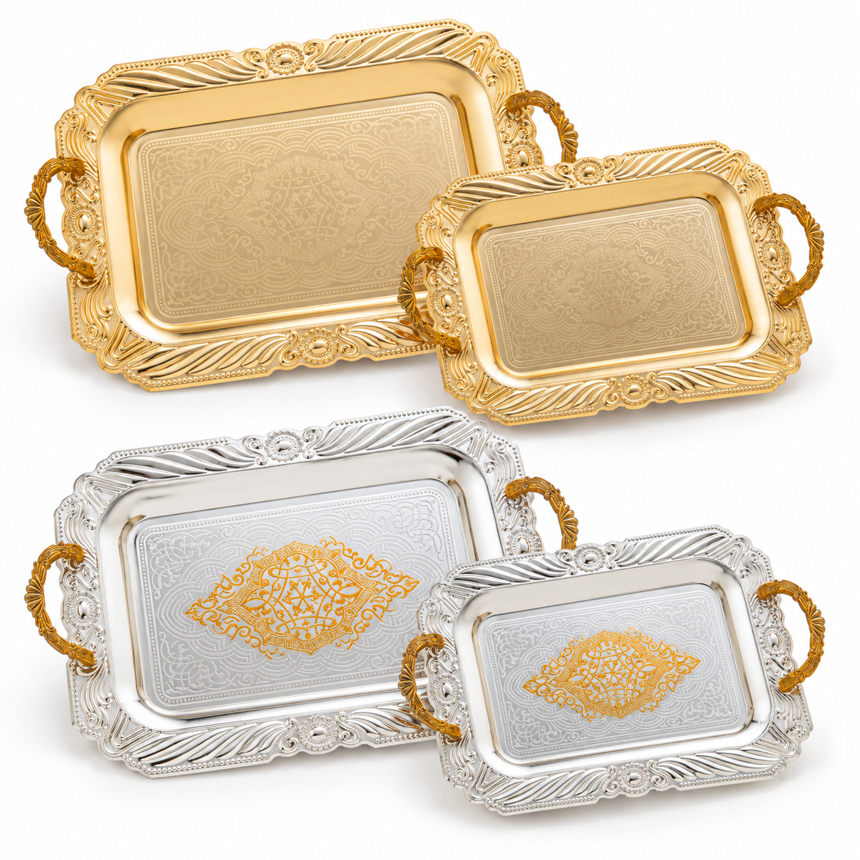 Arabian Royal Ornate Serving Tray with Decorative Handles, Vintage Floral Engraved Luxury Platter for Ramadan Eid Coffee Dates Dessert Wedding Table Decor