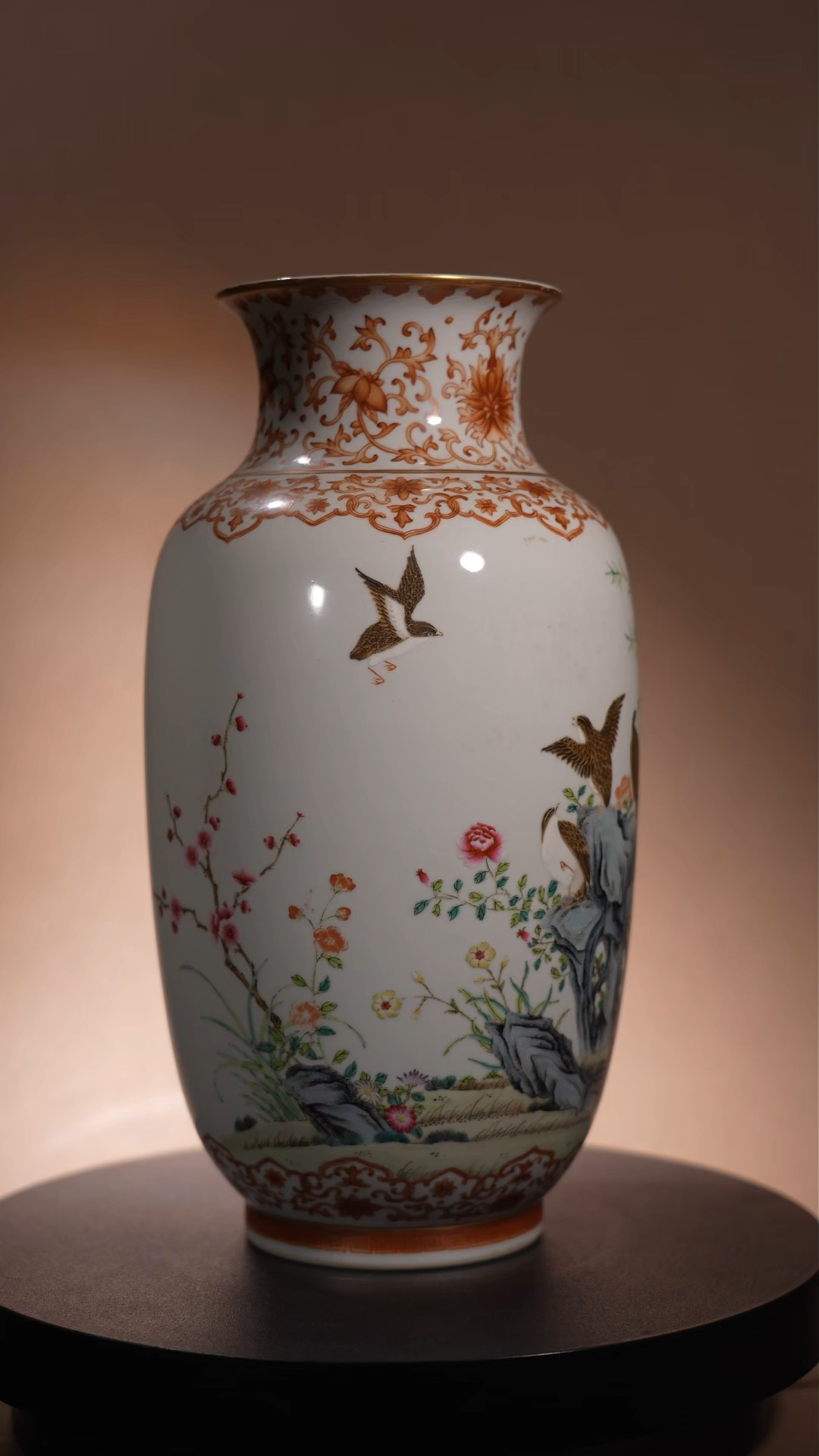 Ancient Chinese Famille Rose Lantern Vase with Bird and Flower Motifs