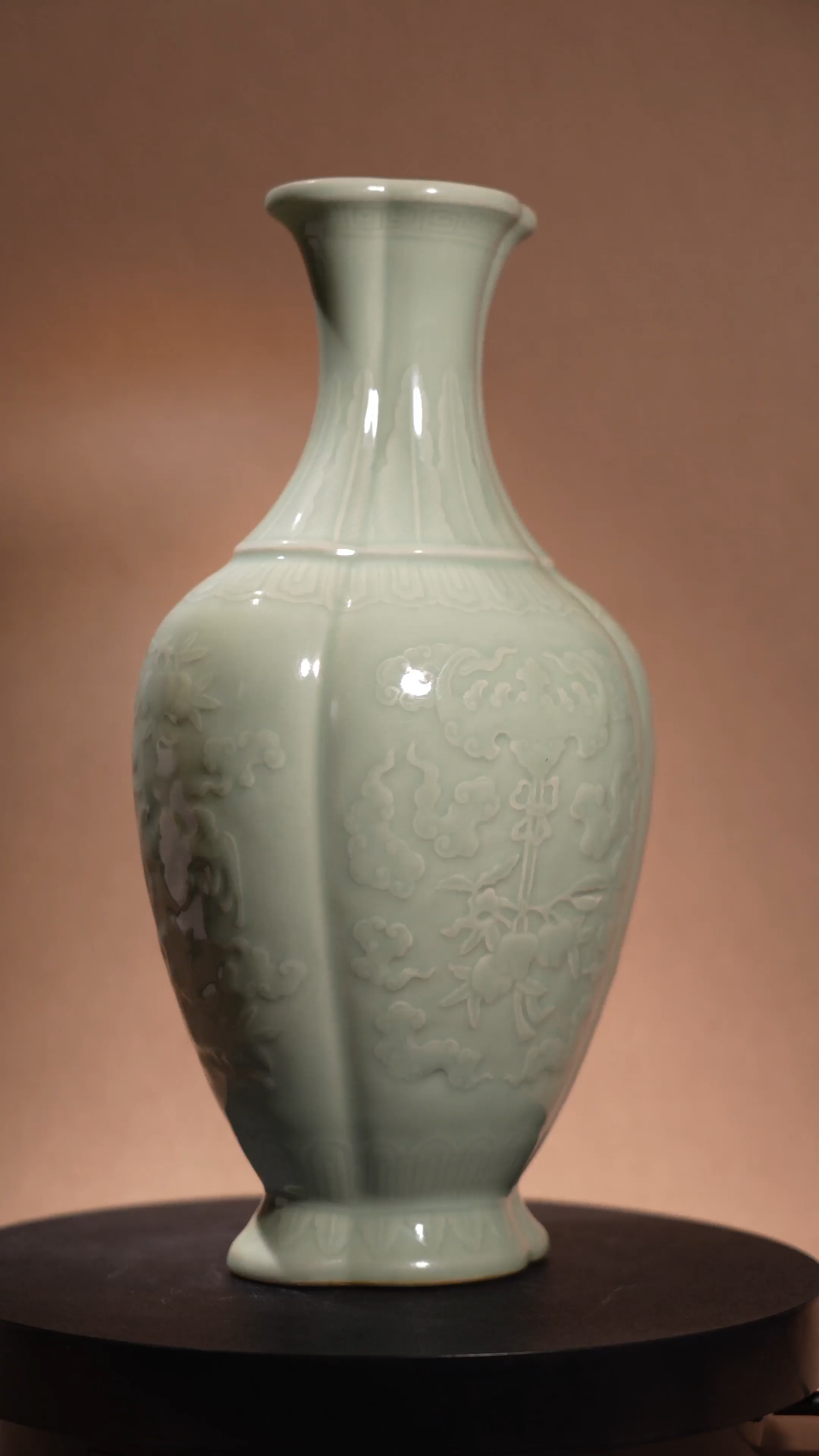 Ancient Chinese Bean Green Glaze Carved Vase with Longevity and Blessing Motifs (Haitang Shape)