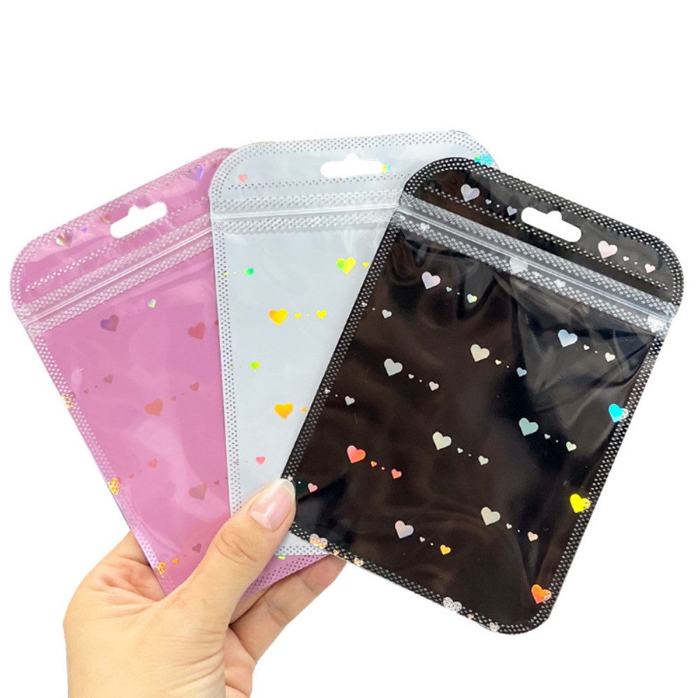 Ins Style Heart Printed Earring Packaging Bag, Laser Holographic Plastic Self-Sealing Pouch, Colorful Shiny Ornament Storage Bag, Multi-Size In Stock Jewelry Zipper Bag, Fashion Accessory Packaging Bag, Factory Wholesale