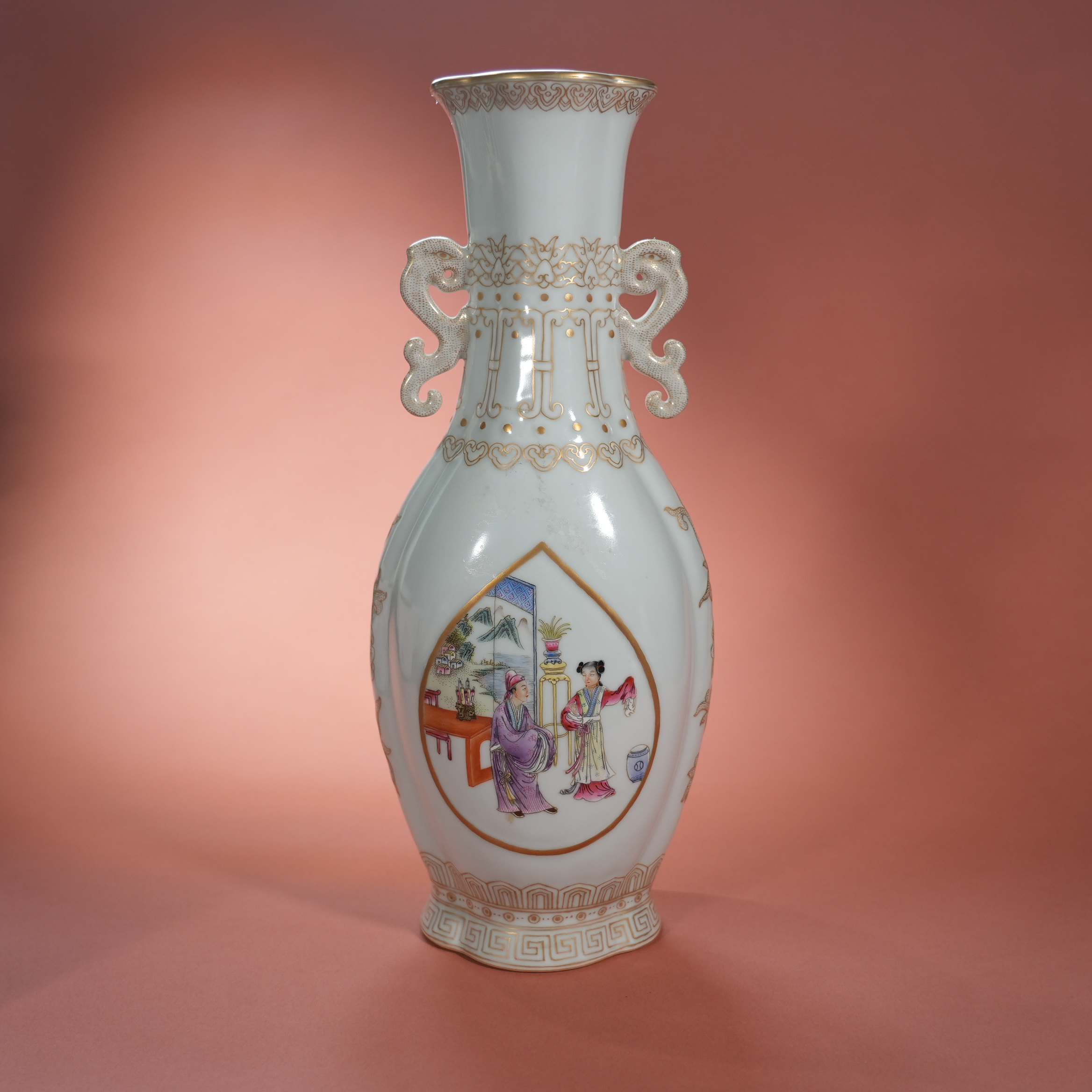 Ancient Chinese Famille Rose Gilt-Decorated Vase with Figural Scenes and Double Handles