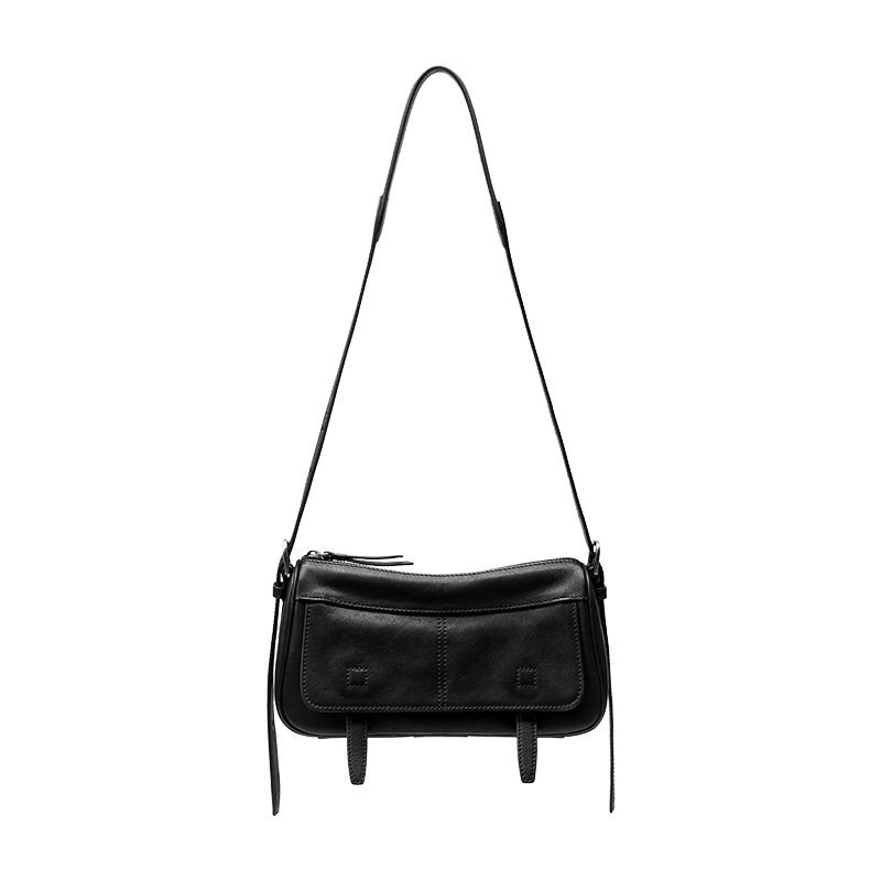 Vintage Pocket Leather Shoulder Bag – Adjustable Crossbody Purse in Black