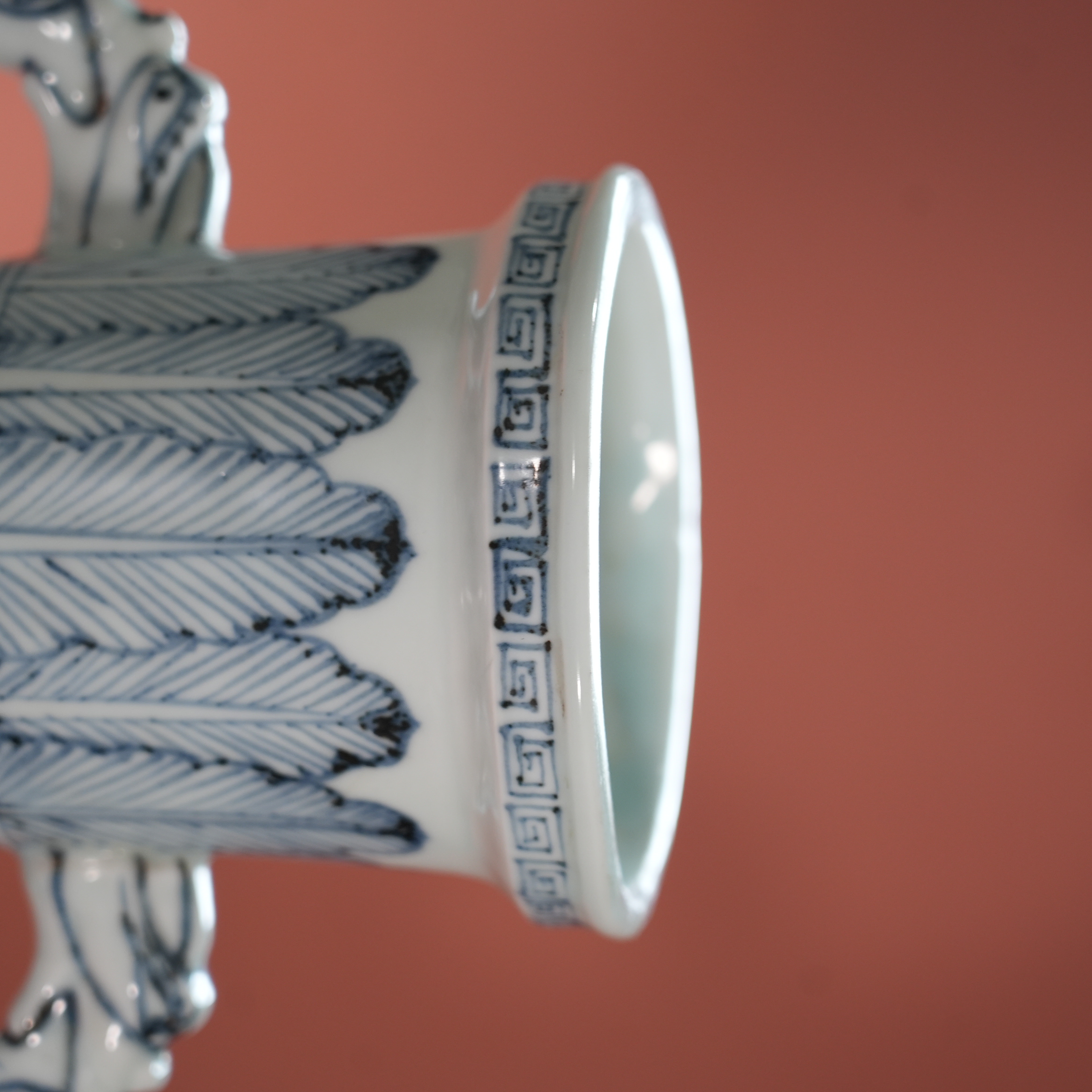 Ancient Chinese Blue and White Vase with Animal Handles and Ring Motifs