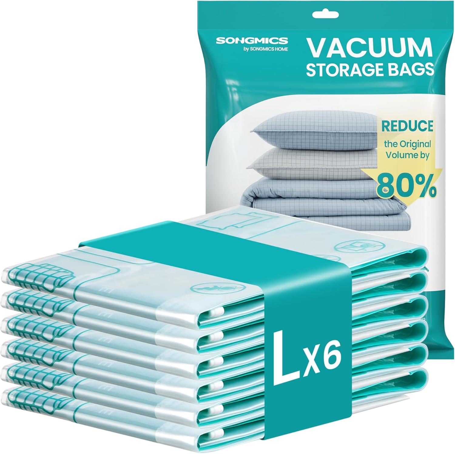 SONGMICS Bolsas de Almacenamiento al Vacío, Bolsa de Almacenaje para Ropa, Sábanas, Armarios y Viaje, Compactas y Reutilizables, Juego de 6, Tamaño J, Transparente LVB103W101