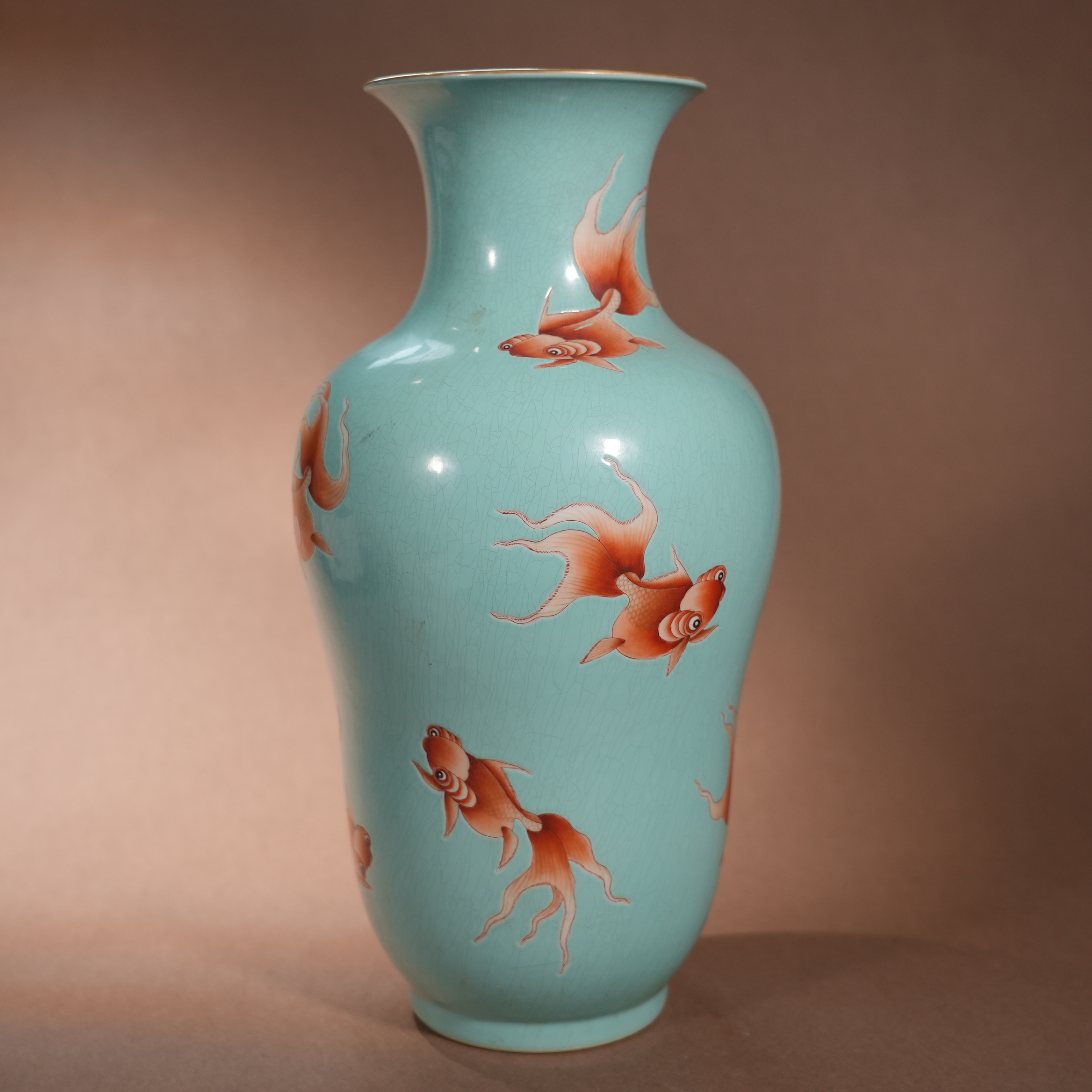 Ancient Chinese Turquoise-Green Glazed Vase with Iron-Red Gilt Goldfish Motifs