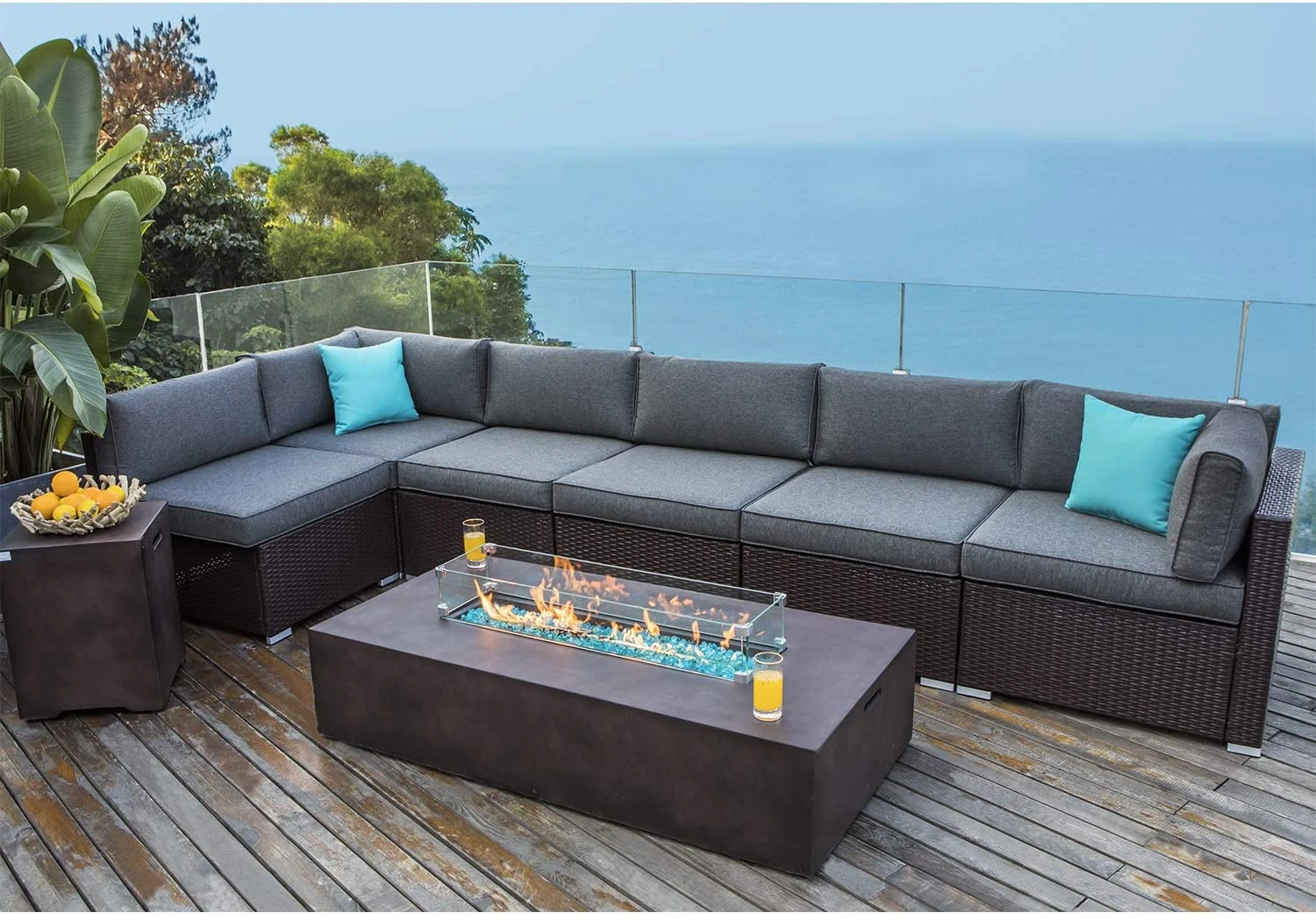 COSIEST 8 Piece Outdoor Wicker Sectional Sofa w Fire Pit Table.Chocolate Brown Patio Furniture Set w 56 x 28 inches Rectangle Bronze Fire Table (50.000 BTU) and Tank Outside(20lb) for Garden