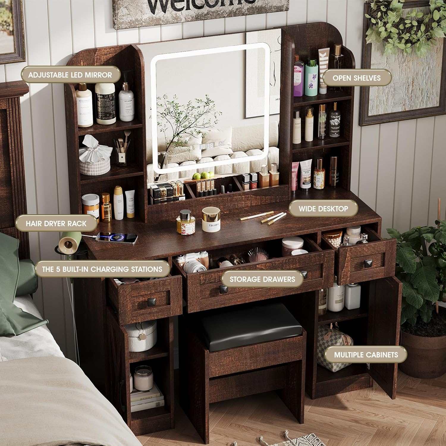 Vabches Makeup Vanity Desk. Vanity Mirror with Lights Desk and Chair.Makeup Table with 3 Large Drawers and 2 Cabinets. Time and Temperature Display. 3 LED Lighting Modes Adjustable. Brown
