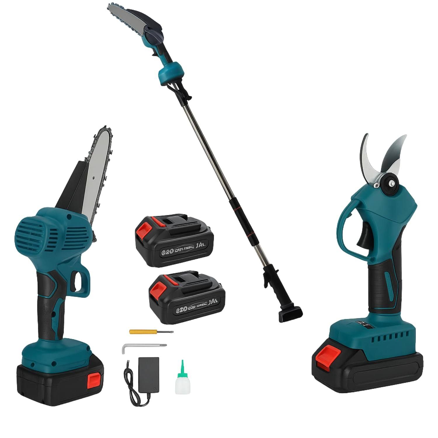 Kit Potatura 3 in 1 - Forbice a Batteria e Motosega 6 Pollici Elettrica con Asta Telescopica 128-248cm, Set Professionale per Giardinaggio con 2