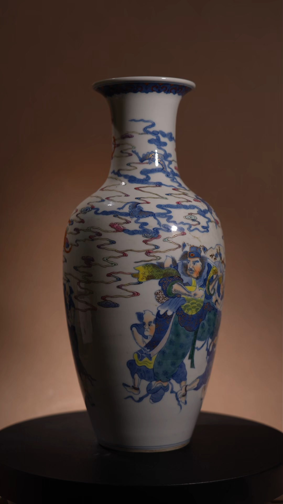 Ancient Chinese Blue and White Polychrome Vase with Zhong Kui Catching Ghosts Scene