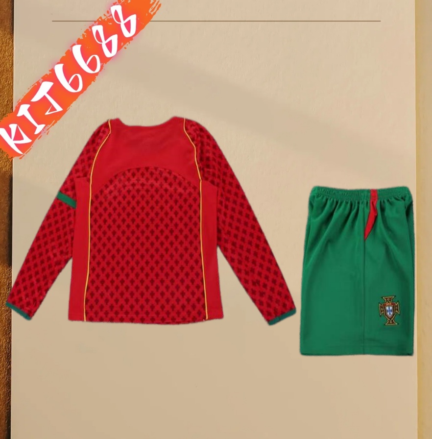2004 Portugal home Retro long sleeves Football Shirt  Kids Kit