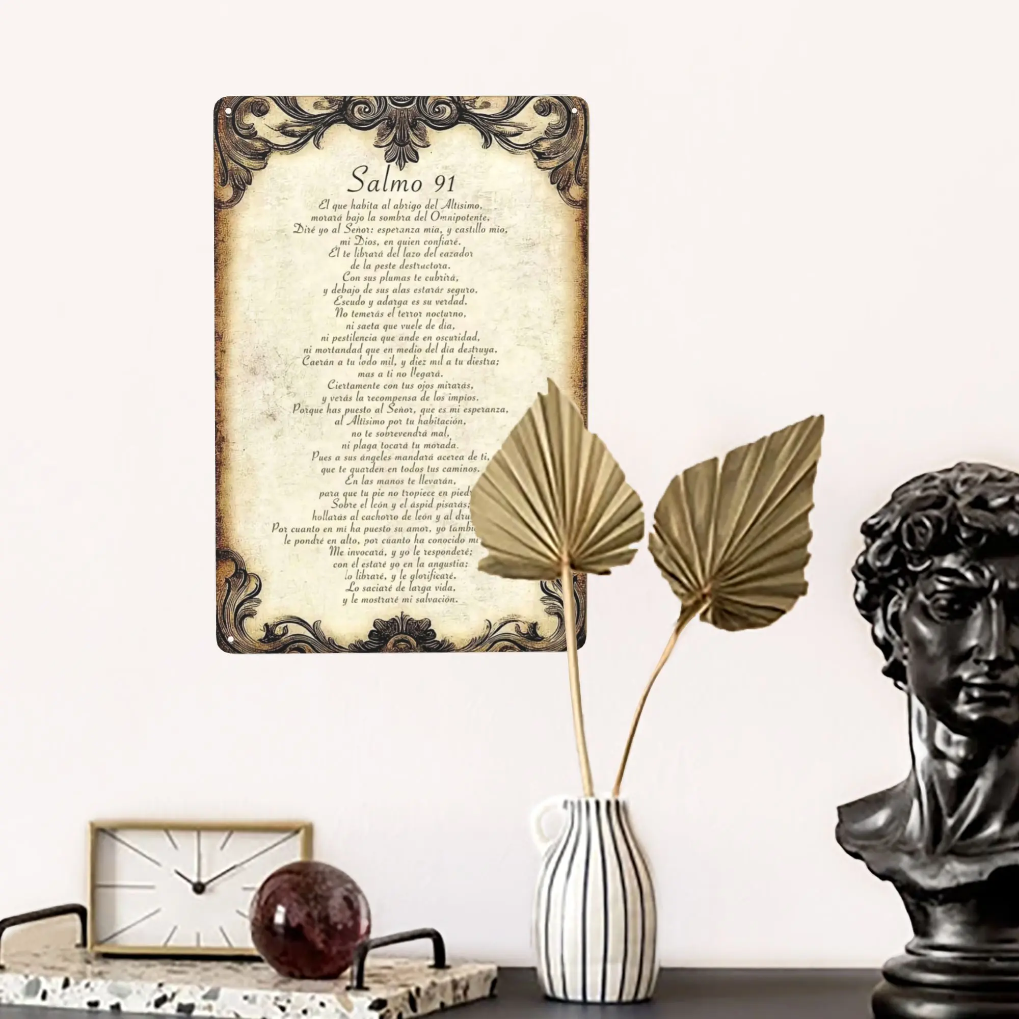2D Flat  8*12 in 'Salmo 91’ Logotipo metálico vintage | Decoración de pared de poesía española para hogares y espacios de residencia