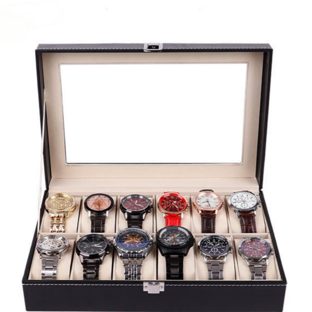 PU Leather Luxury Watch Storage Box with Transparent Skylight and Buckle Clasp Watch Display Case and Eyewear Storage Packaging Box custom logo