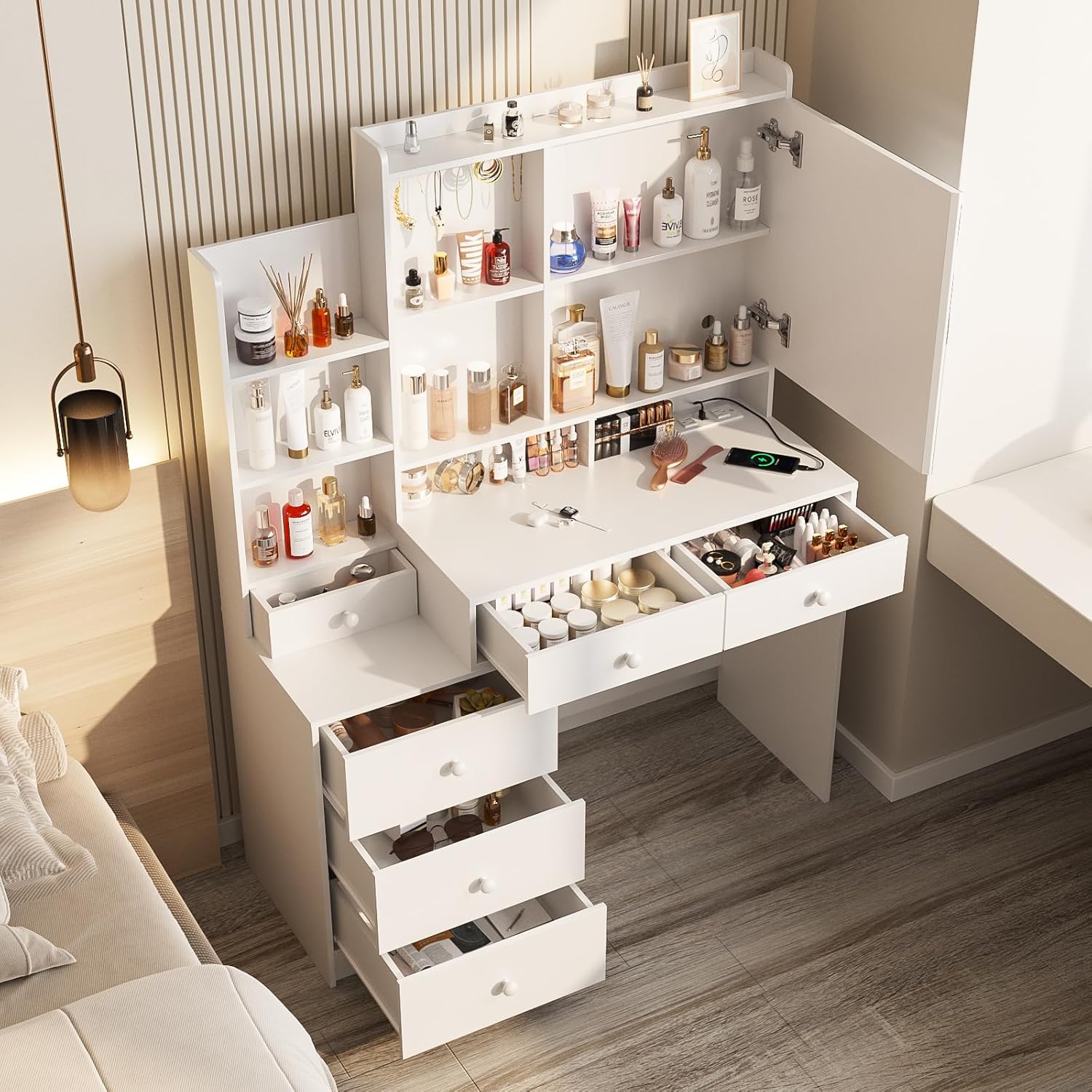Vabches Vanity Desk with Mirror and Lights.Makeup Vanity with 6 Drawers and Shelves.Dressing Table with Power Outlet.Makeup Desk with Led Lighted Mirror in 3 Colors.for Bedroom.White