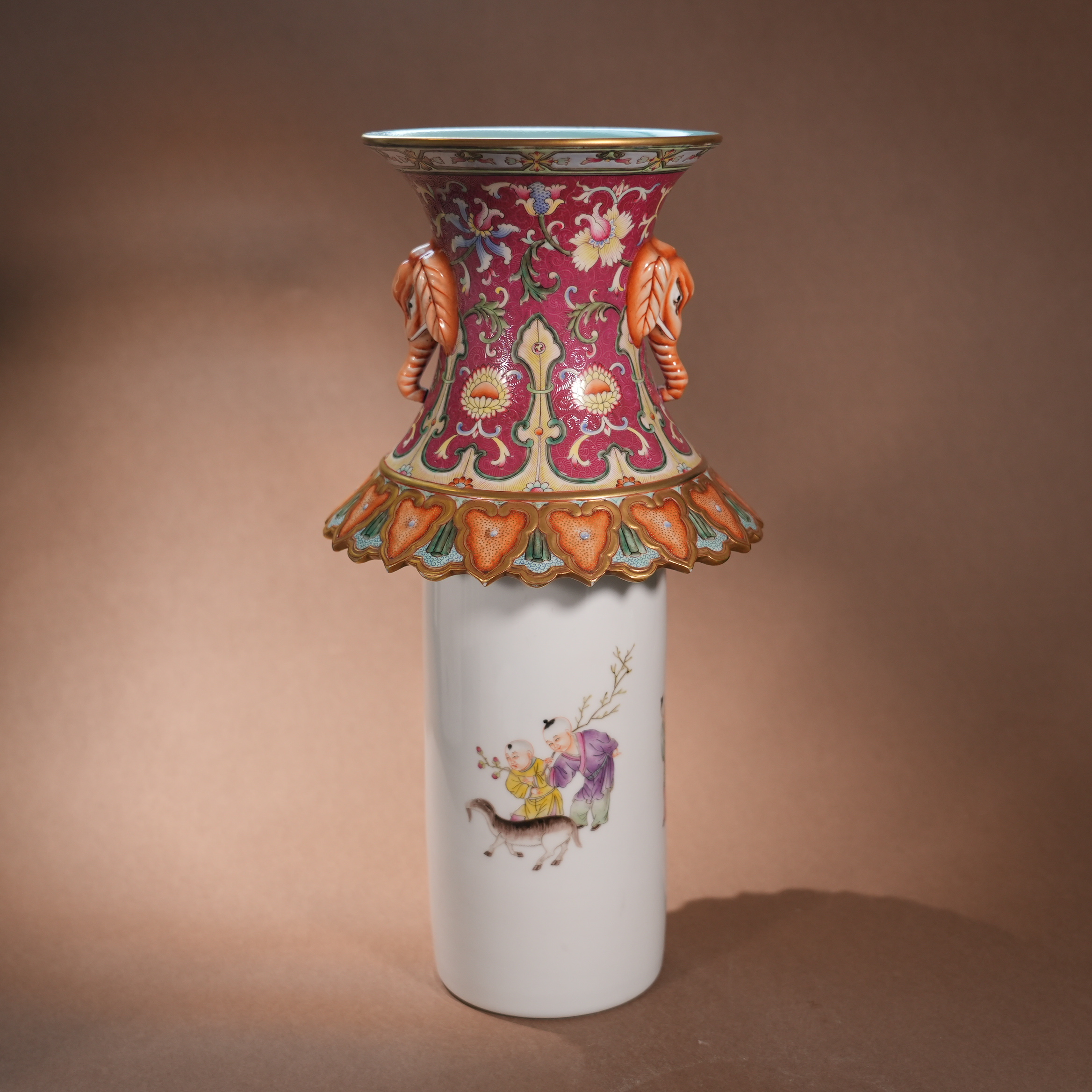 Ancient Chinese Famille Rose and Jun-Glazed Double Gourd Vase with Elephant Handles