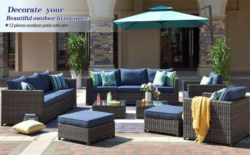 Outdoor Patio Furniture 12 Pcs Set .Pe Rattan Wicker Sectional With 4 Pillows And Furniture Cover. No Assembly Required