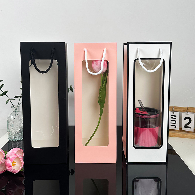 Factory Stock Long Handheld Wine Paper Bag, Transparent Pvc Window Gift Bag, Flower Bouquet Packaging Bag For Bulk Wholesale