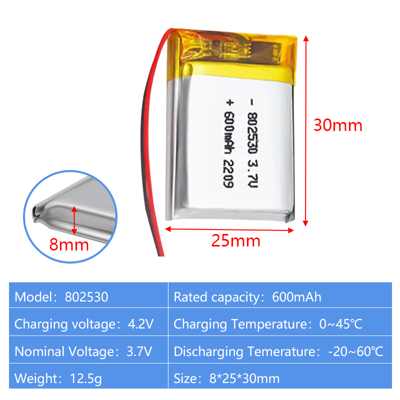 Pouch Lithium Ion Batteries 802050 802530 3.7v 800mAh 600mAh