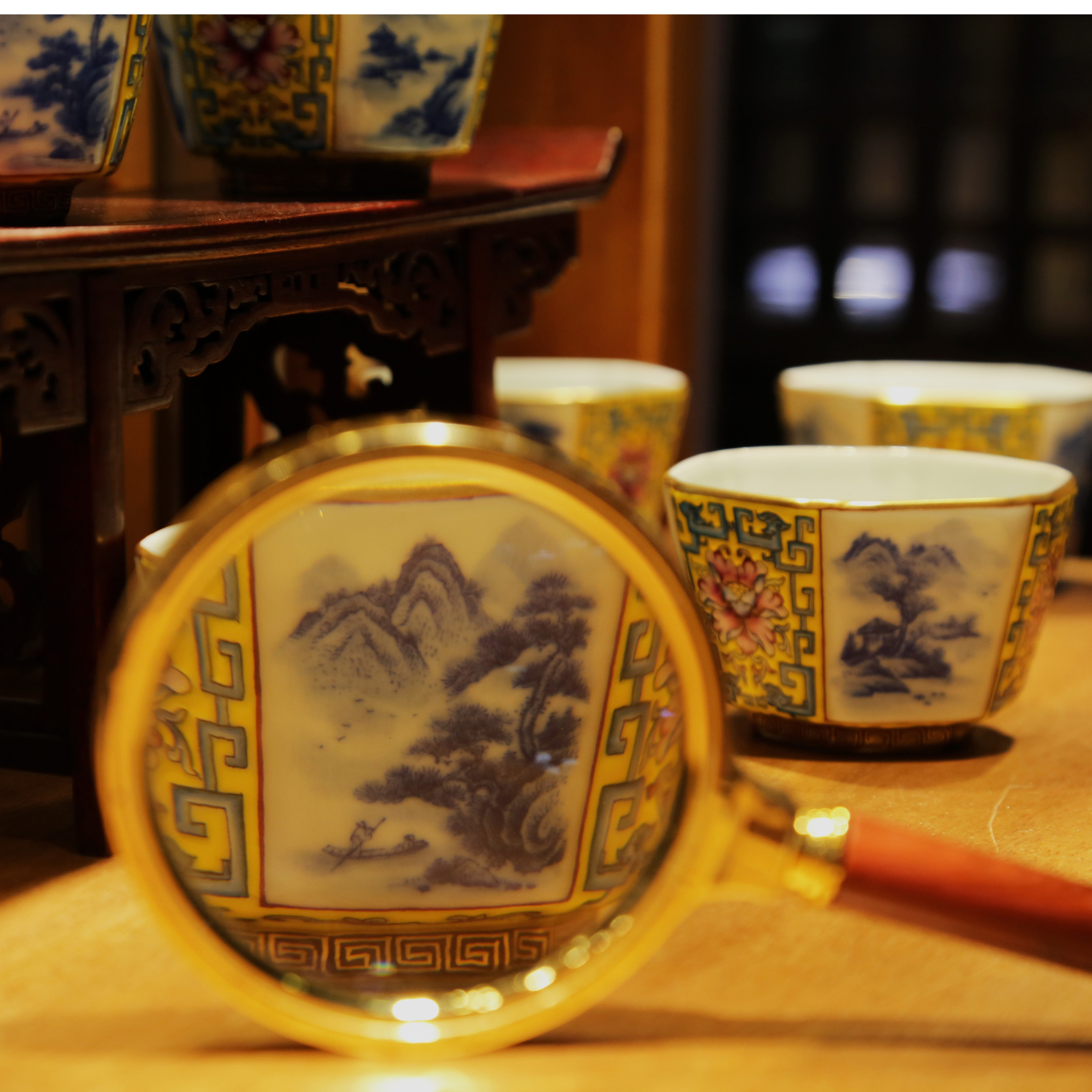 Premium Hand-Painted Tea Ware • Exquisite Landscape Antique Tea Cup • Jingdezhen Hexagonal Cup • Enamel Pattern