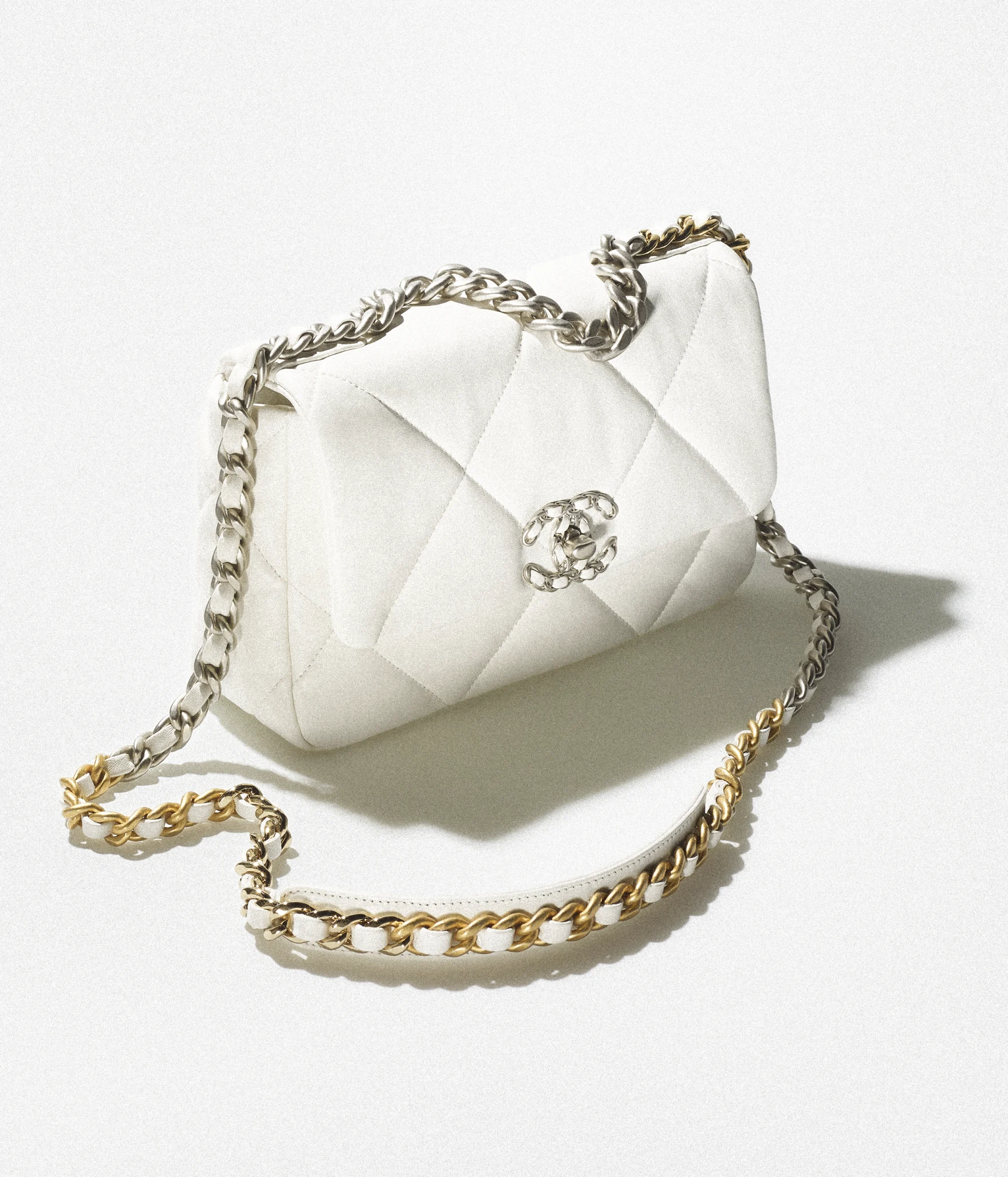CHANEL 19 Handbag Shiny Lambskin, Gold-Tone, Silver-Tone & Ruthenium-Finish Metal White