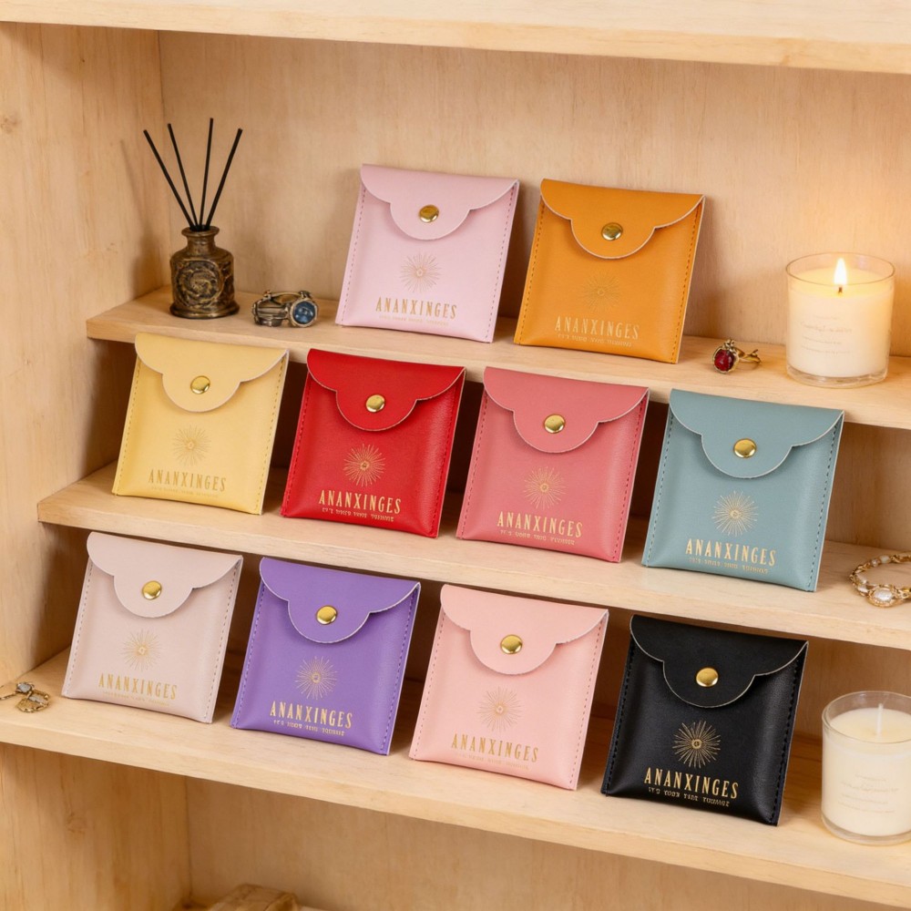Flip Snap Button PU Leather Jewelry Bag, Minimalist High-End Ornament Storage Pouch, Small Gift Packaging Leather Bag, Portable Waterproof PU Accessory Bag, Custom Logo Personalized Leather Pouch, Factory Wholesale