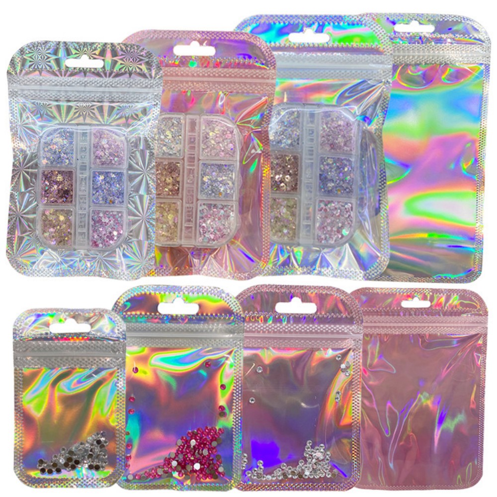 Rainbow Film Flash Laser Self-Sealing Bag, Pink Holographic Jewelry Packaging Bag, Plastic Zip Pouch For Earrings Hair Accessories Makeup Brushes, Cosmetic Gift Packaging Bag Factory Wholesale
