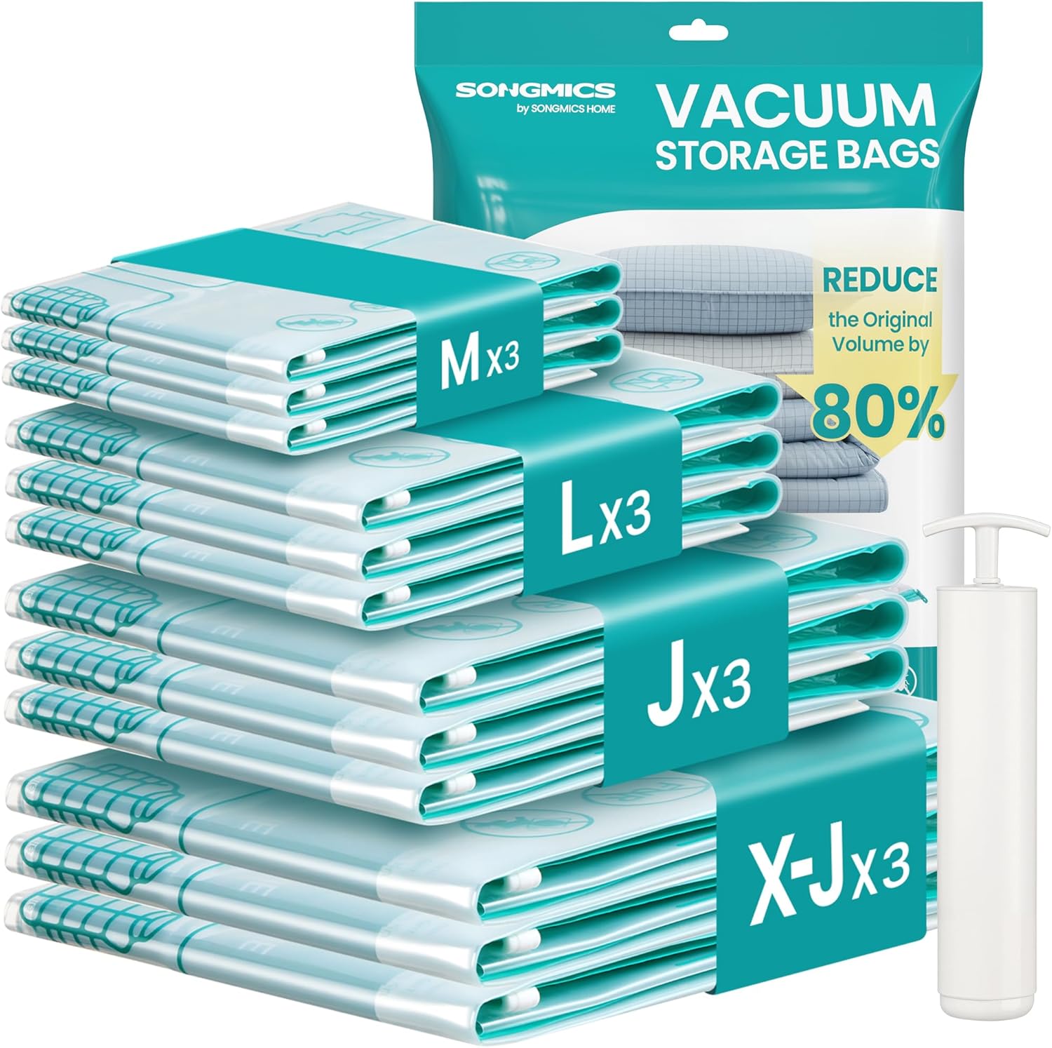 SONGMICS Bolsas de Almacenamiento al Vacío, Bolsa de Almacenaje para Ropa, Sábanas, Armarios y Viaje, Compactas y Reutilizables, Juego de 6, Tamaño J, Transparente LVB103W101