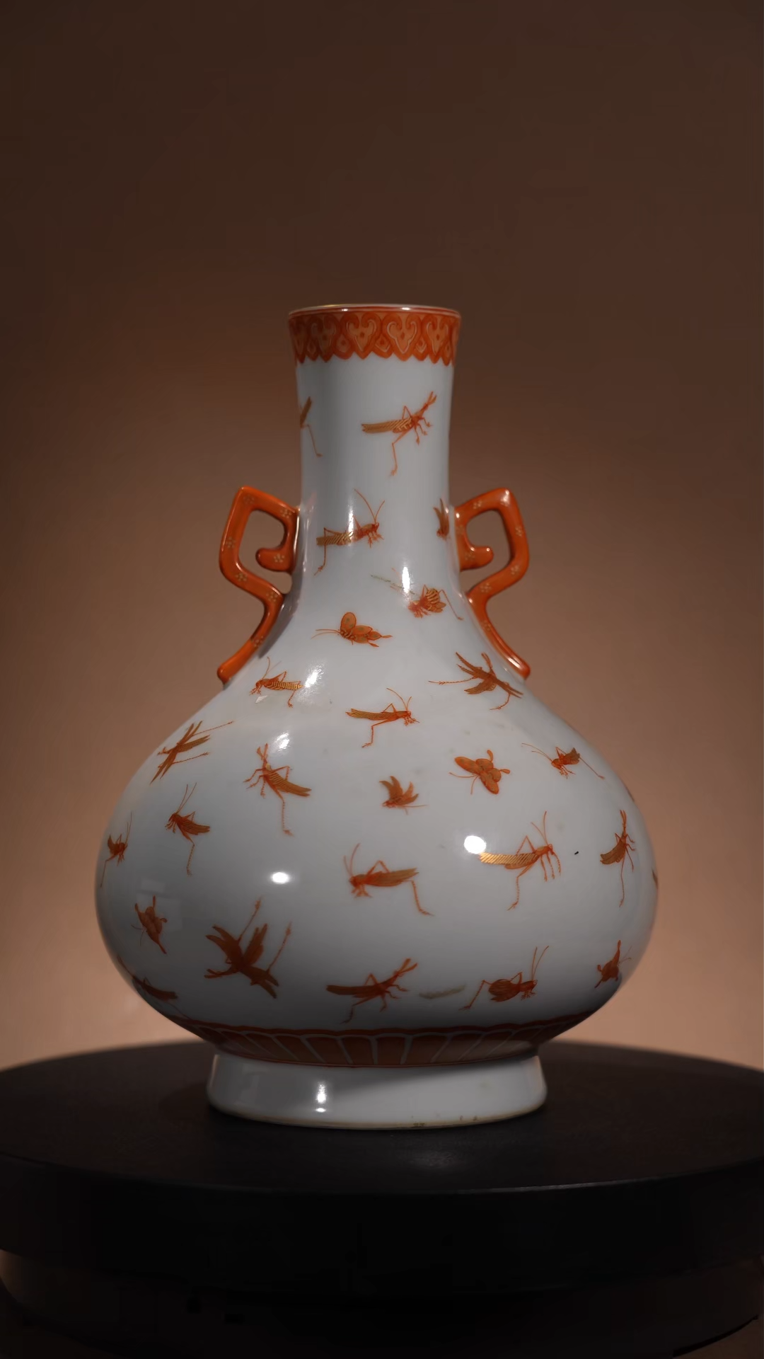 Ancient Chinese Iron-Red Gilt-Decorated Vase with Insect Motifs and Double Handles