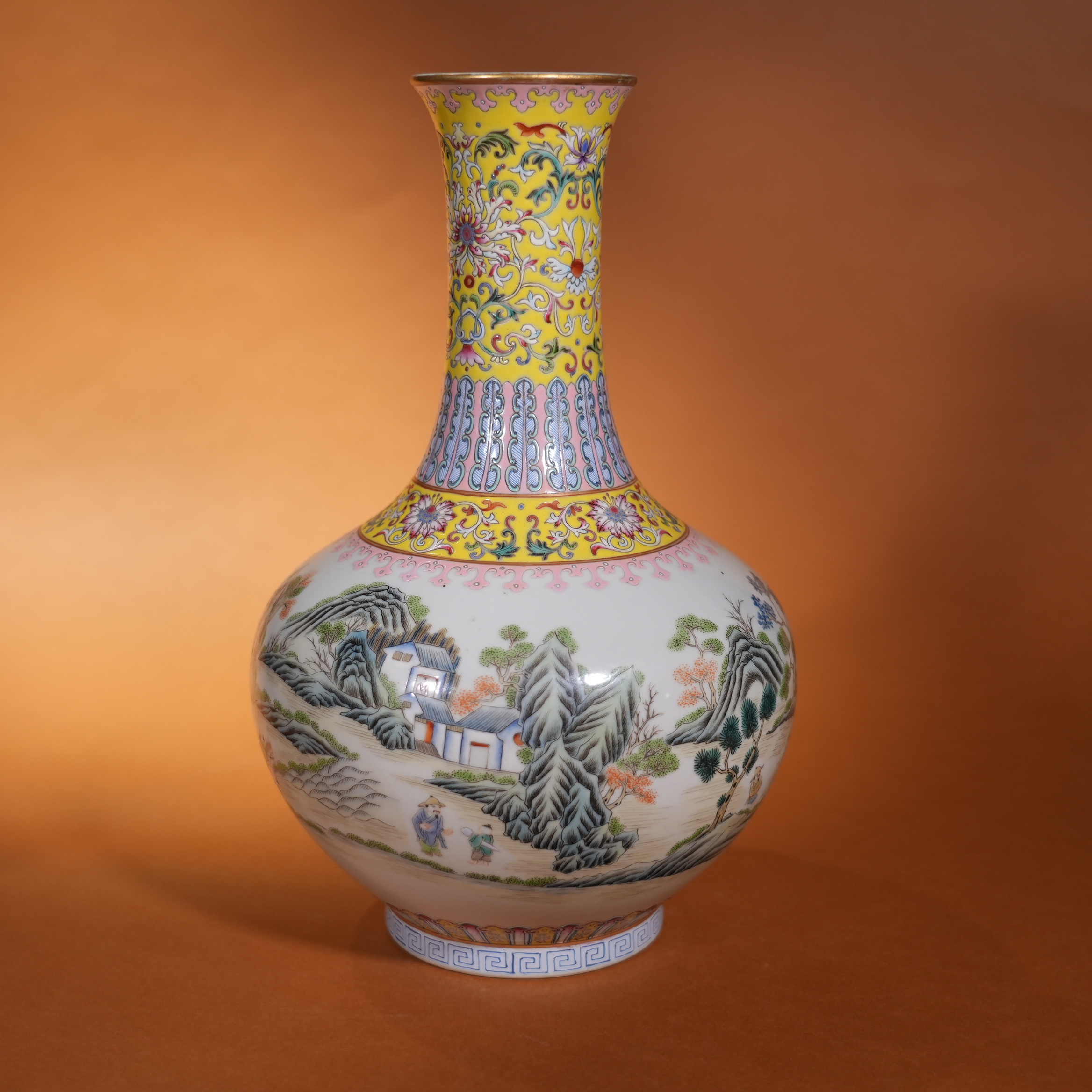 Ancient Chinese Famille Rose Vase with Panoramic Landscape and Figure Motifs