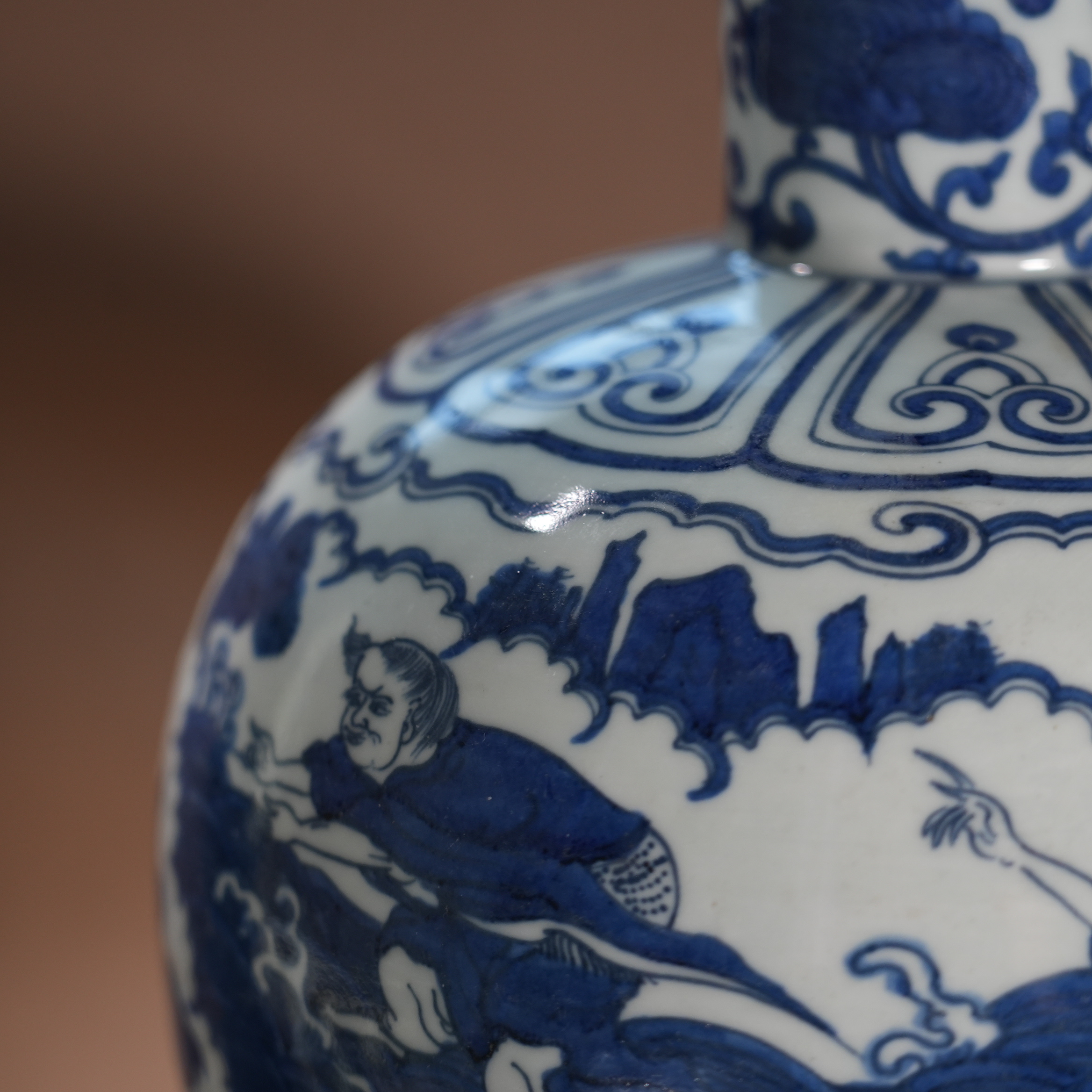 Ancient Chinese Blue and White Gourd Vase with Immortals Celebrating Longevity Motifs