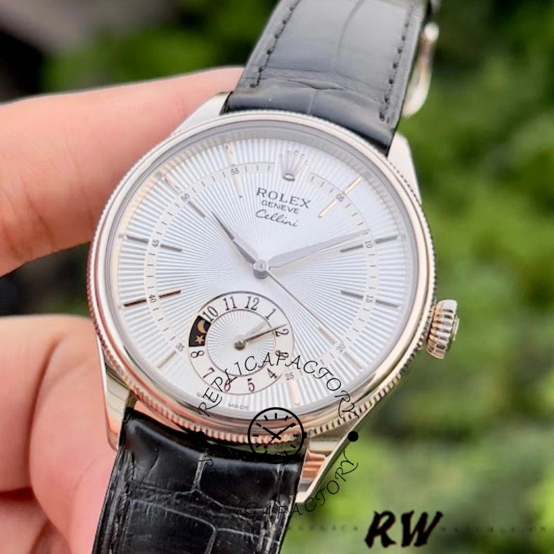 Rolex Cellini Dual Time 50529 Silver Sunburst Dial Black Leather Strap 39mm Mens Replica Watch