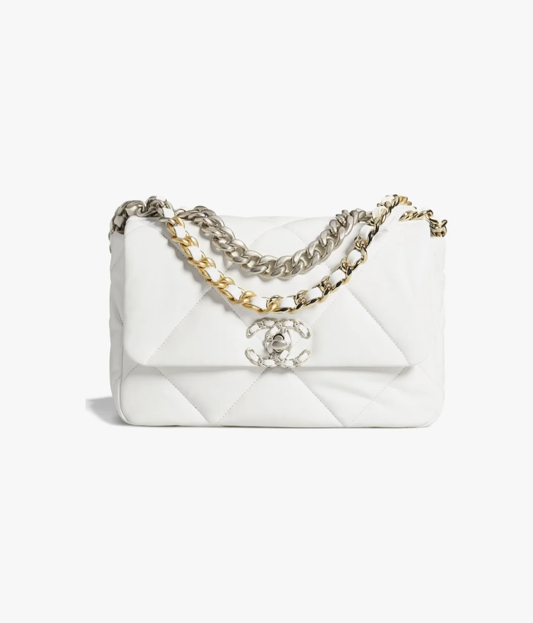 CHANEL 19 Handbag Shiny Lambskin, Gold-Tone, Silver-Tone & Ruthenium-Finish Metal White