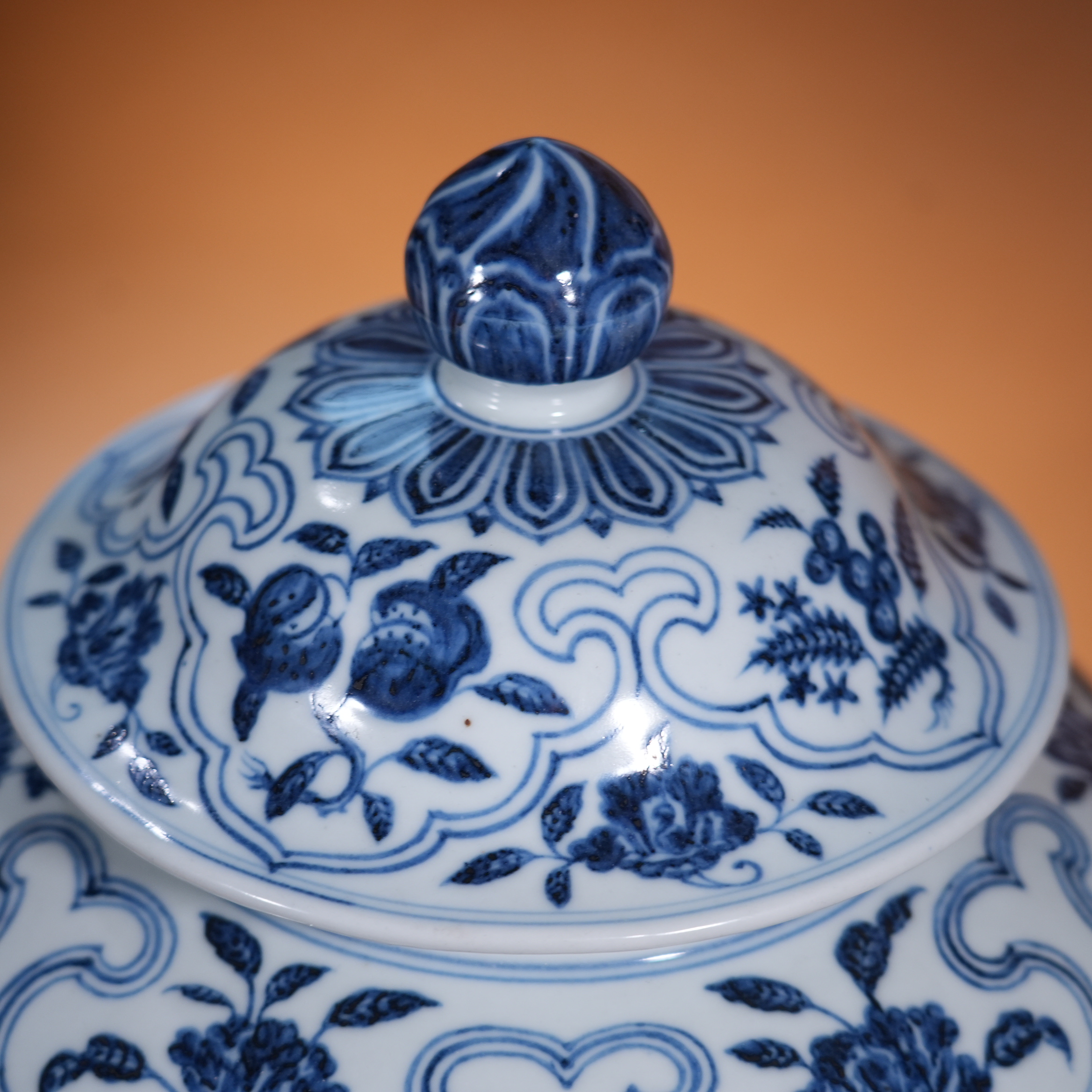 Ancient Chinese Blue and White Covered Jar with Branching Fruit and Flower Motifs