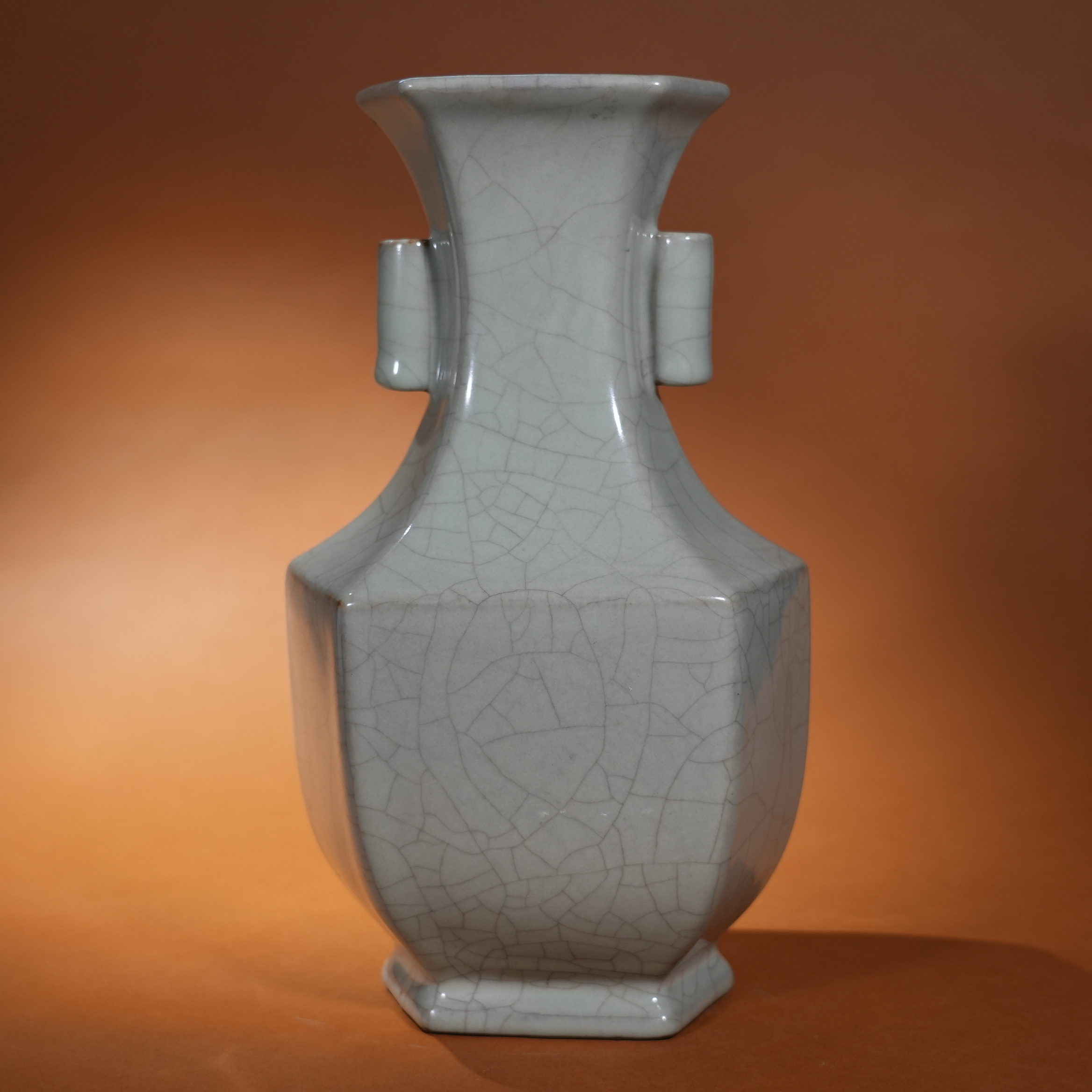 Ancient Chinese Ge Ware Hexagonal Vase with Tubular Handles