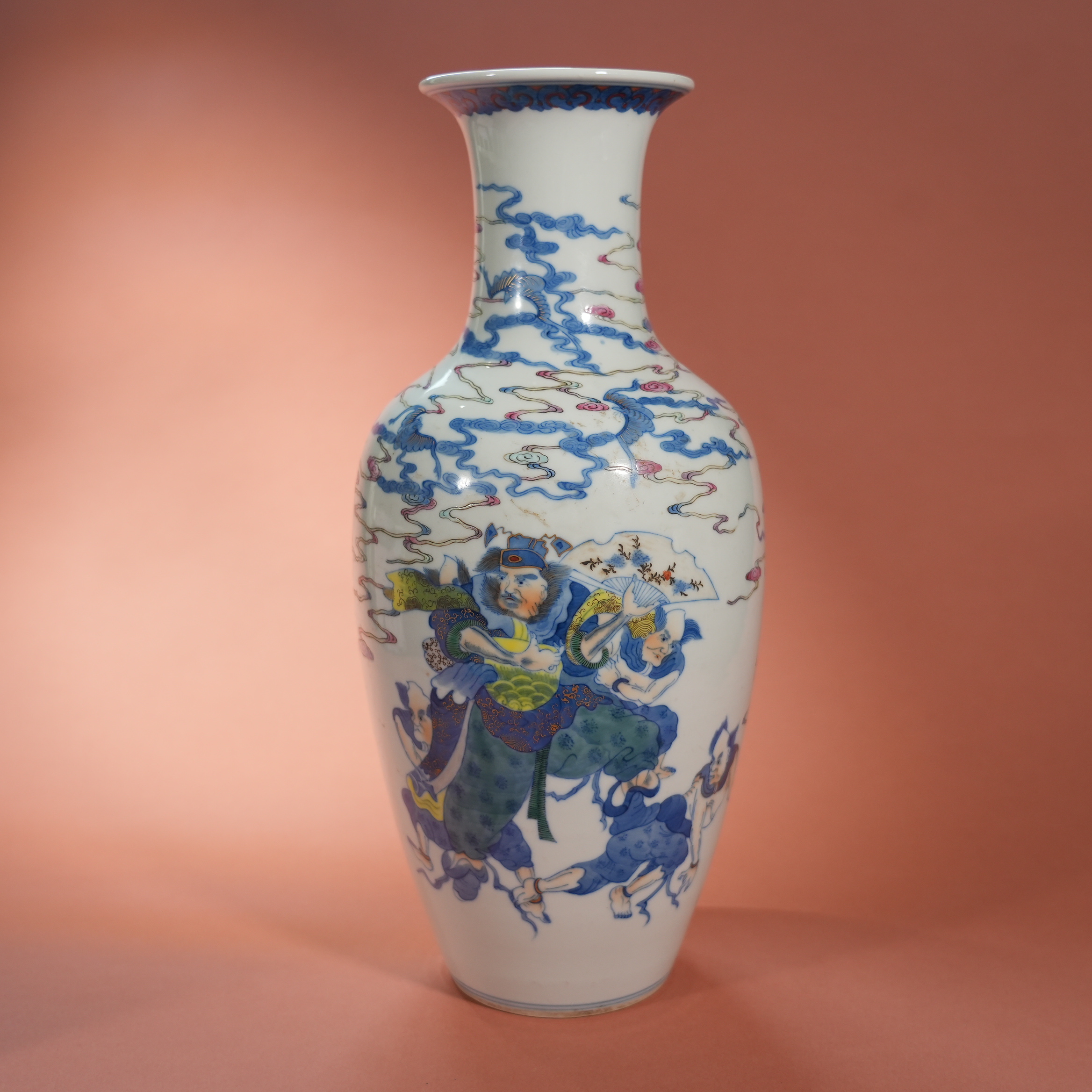 Ancient Chinese Blue and White Polychrome Vase with Zhong Kui Catching Ghosts Scene