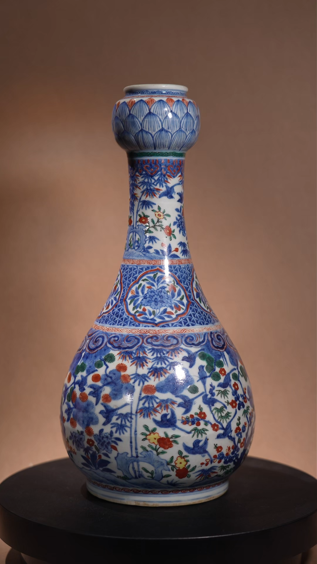 Ancient Chinese Wucai Garlic-head Porcelain Vases (Pair)