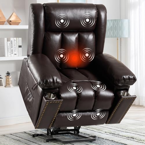Electric Power Lift Recliner Chair for Elderly with Heat & Massage. Large Breathable Leather Reclining Chairs w/2 Concealed Cup Holders for Seniors Home Living Room.Bedroom.1PC.Brown