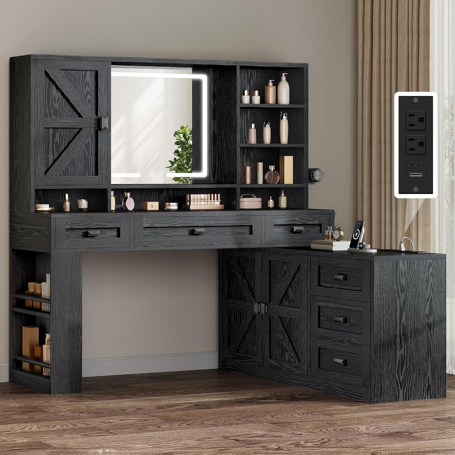 YITAHOME 48'' Farmhouse Makeup Vanity Desk with Mirror and Lights. 68'' 360° Rotation Big Modern Lighted Vanity Table with 6 Drawers & Lots Shelves. Rustic Large Dressing Table. Antique White