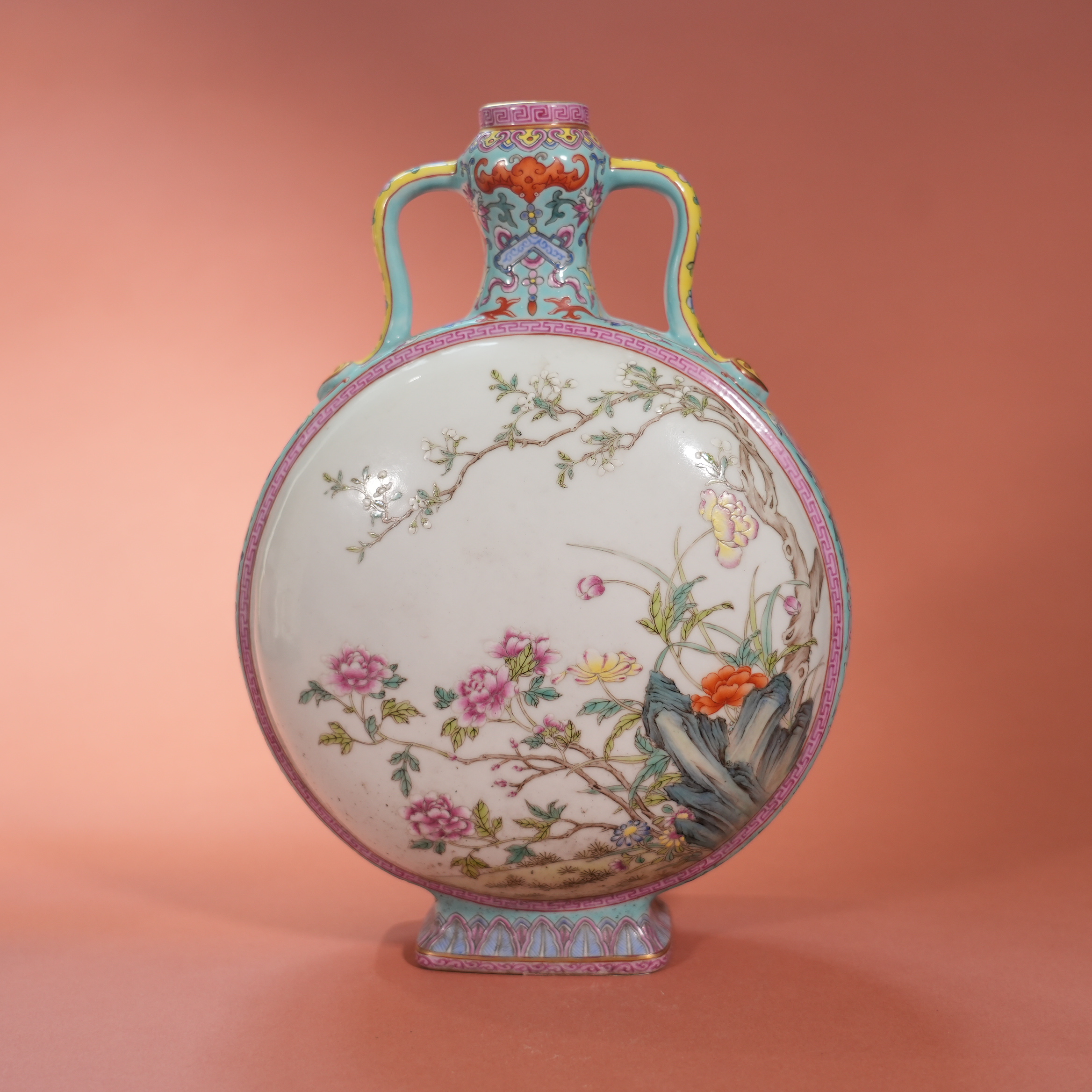 Ancient Chinese Famille Rose Moon Flask with Floral Motifs