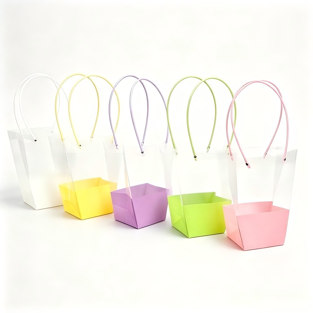Festival Macaron Color Transparent Handheld Bag, Trapezoid Colorful Flower Bouquet Packaging Bag, Waterproof Gift Carry Bag For Floral And Holiday Present Wholesale