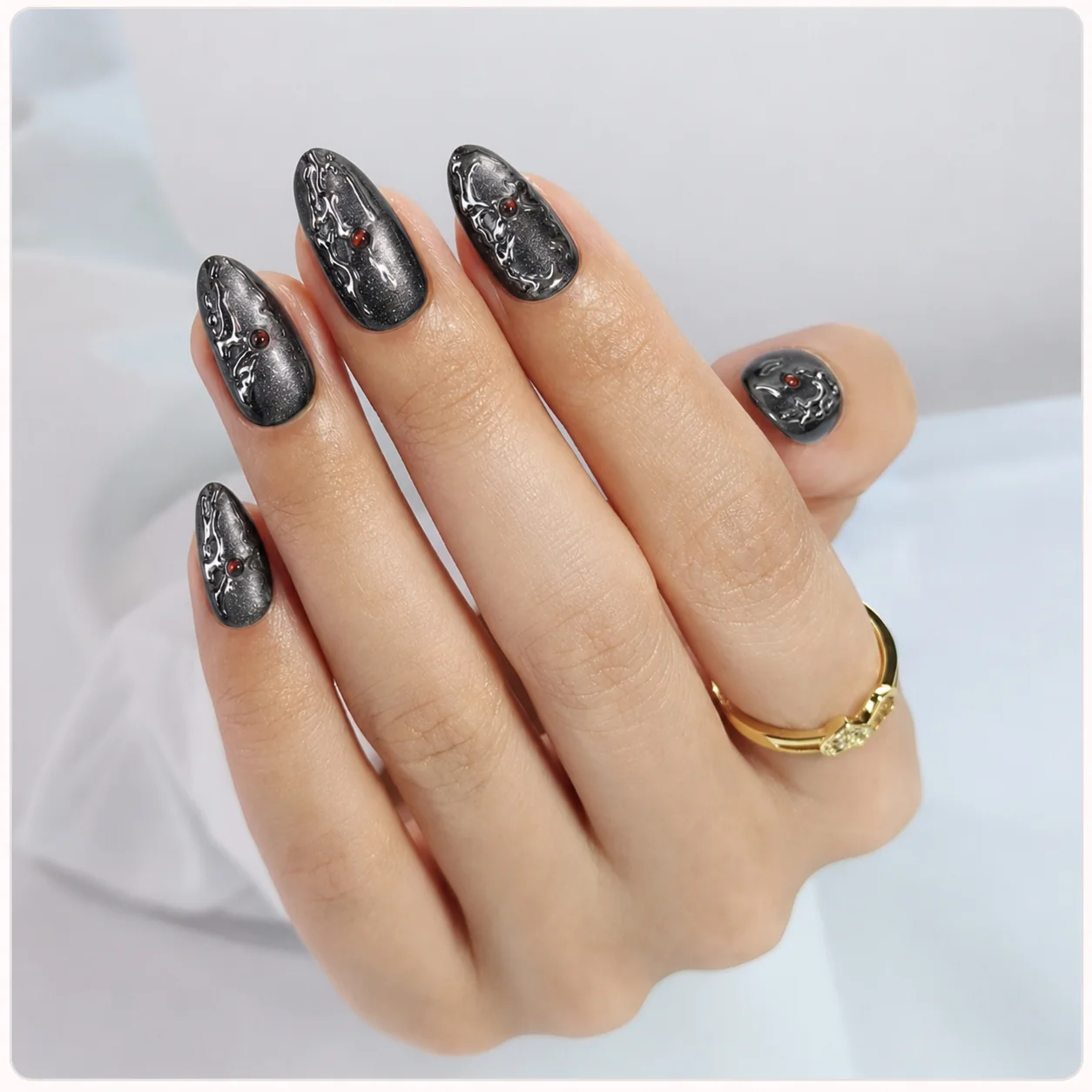 Black Marble 3D Press On Nails Wear Effect