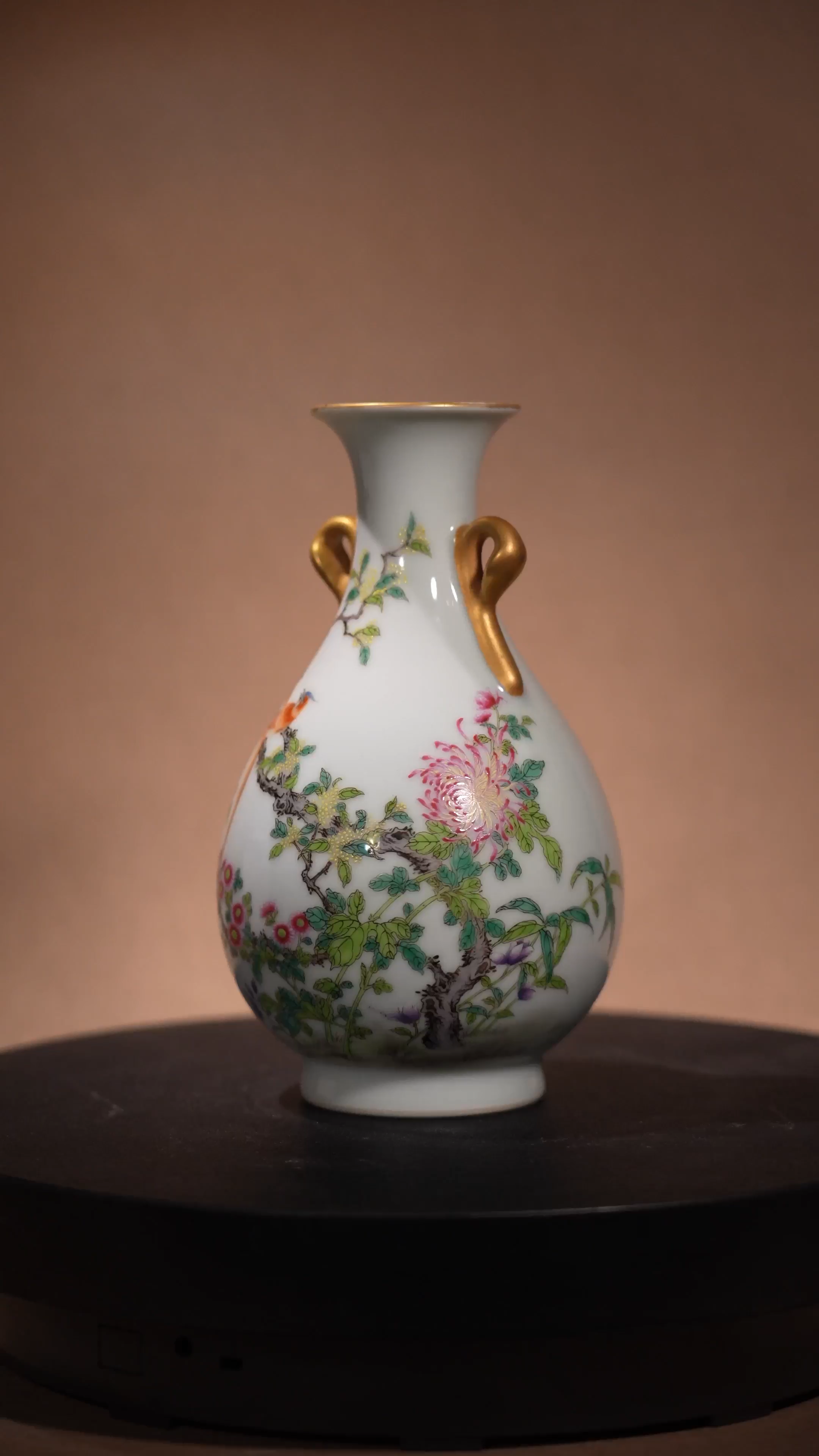 Ancient Chinese Famille Rose Bird and Flower Vase with Gilded Handles