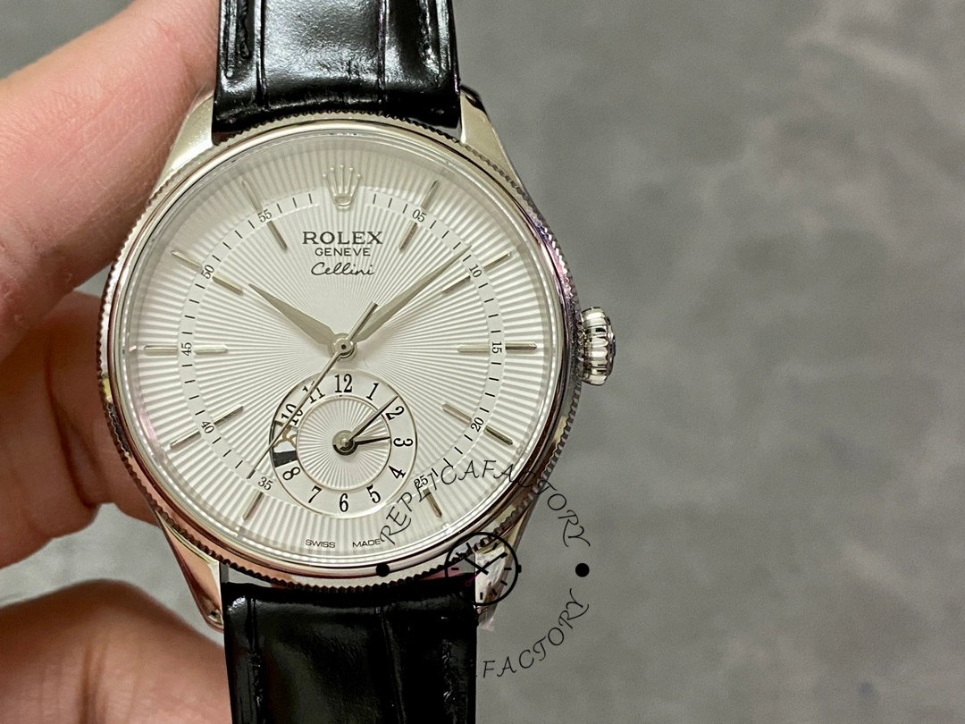 Rolex Cellini Dual Time 50529 Silver Sunburst Dial Black Leather Strap 39mm Mens Replica Watch