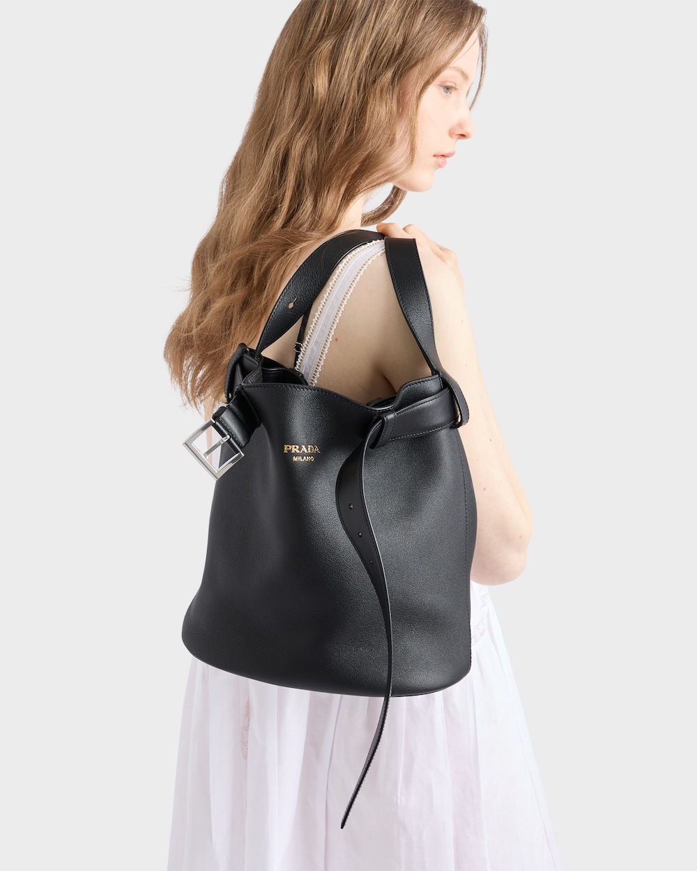 Prada Buckle leather bucket bag with belt Black