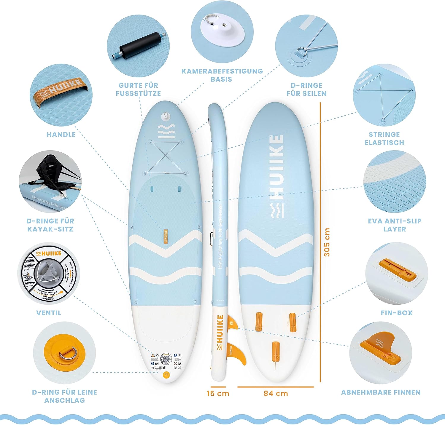 HUIIKE Stand Up Paddling Board mit Zubehör. Paddel. Finnen. Pumpe. Paddle Sup Board Aufblasbar Hohe Stabilität und Widerstandsfähigkeit. 305 × 84 × 15 cm. Belastbar bis 130 kg