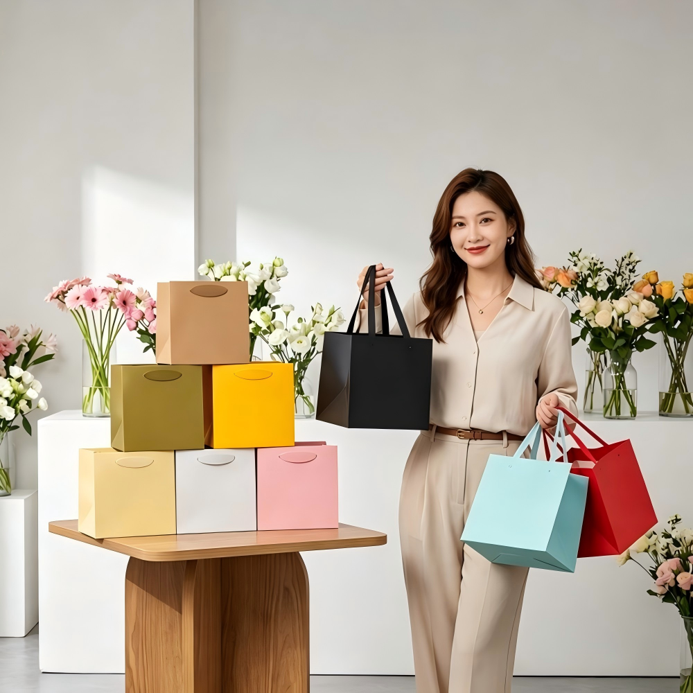 In-stock square kraft paper bags, thickened flower tote bags, baking gift packaging bags, Christmas gift bags with a high-end feel